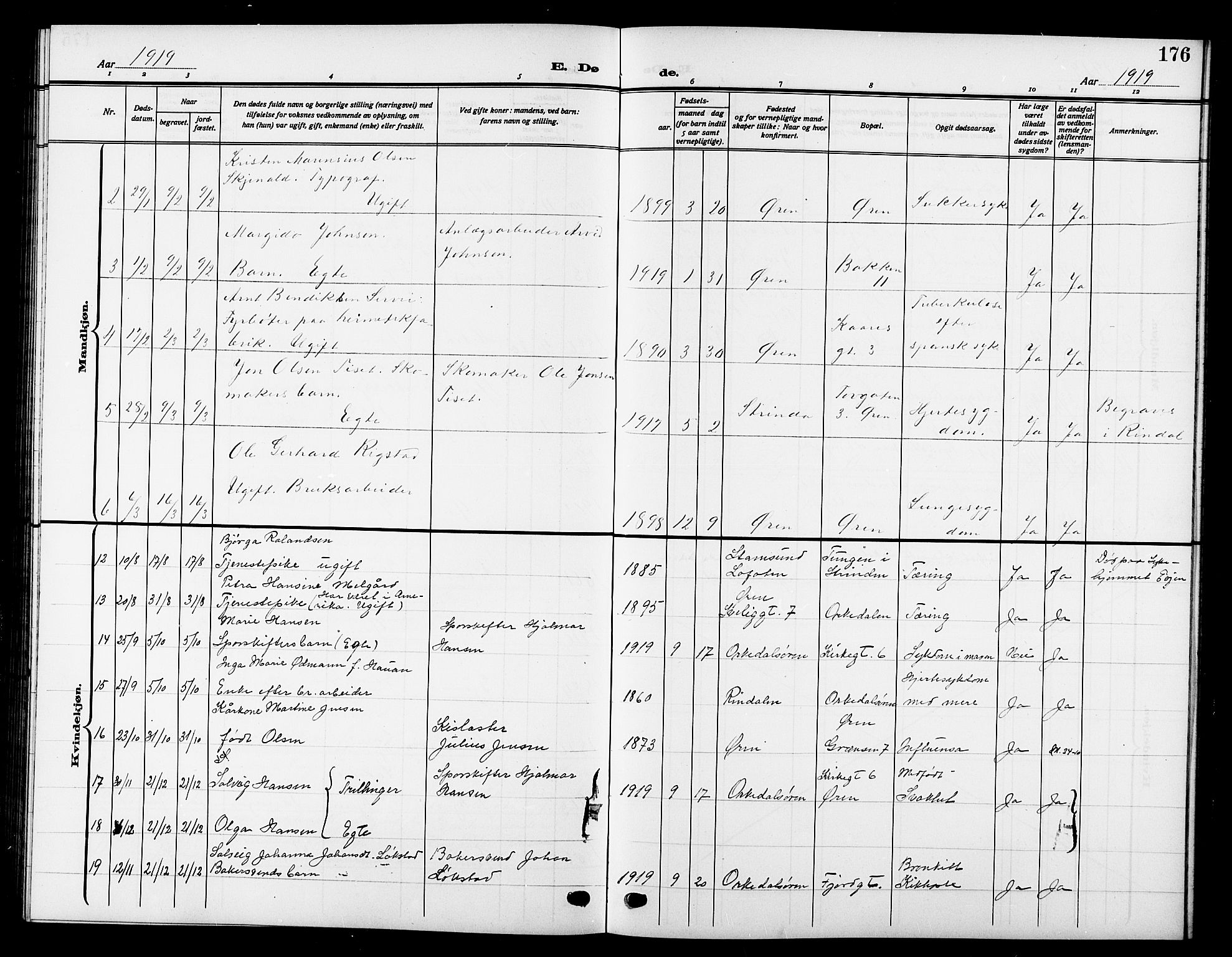 Ministerialprotokoller, klokkerbøker og fødselsregistre - Sør-Trøndelag, AV/SAT-A-1456/669/L0831: Parish register (copy) no. 669C01, 1909-1924, p. 176