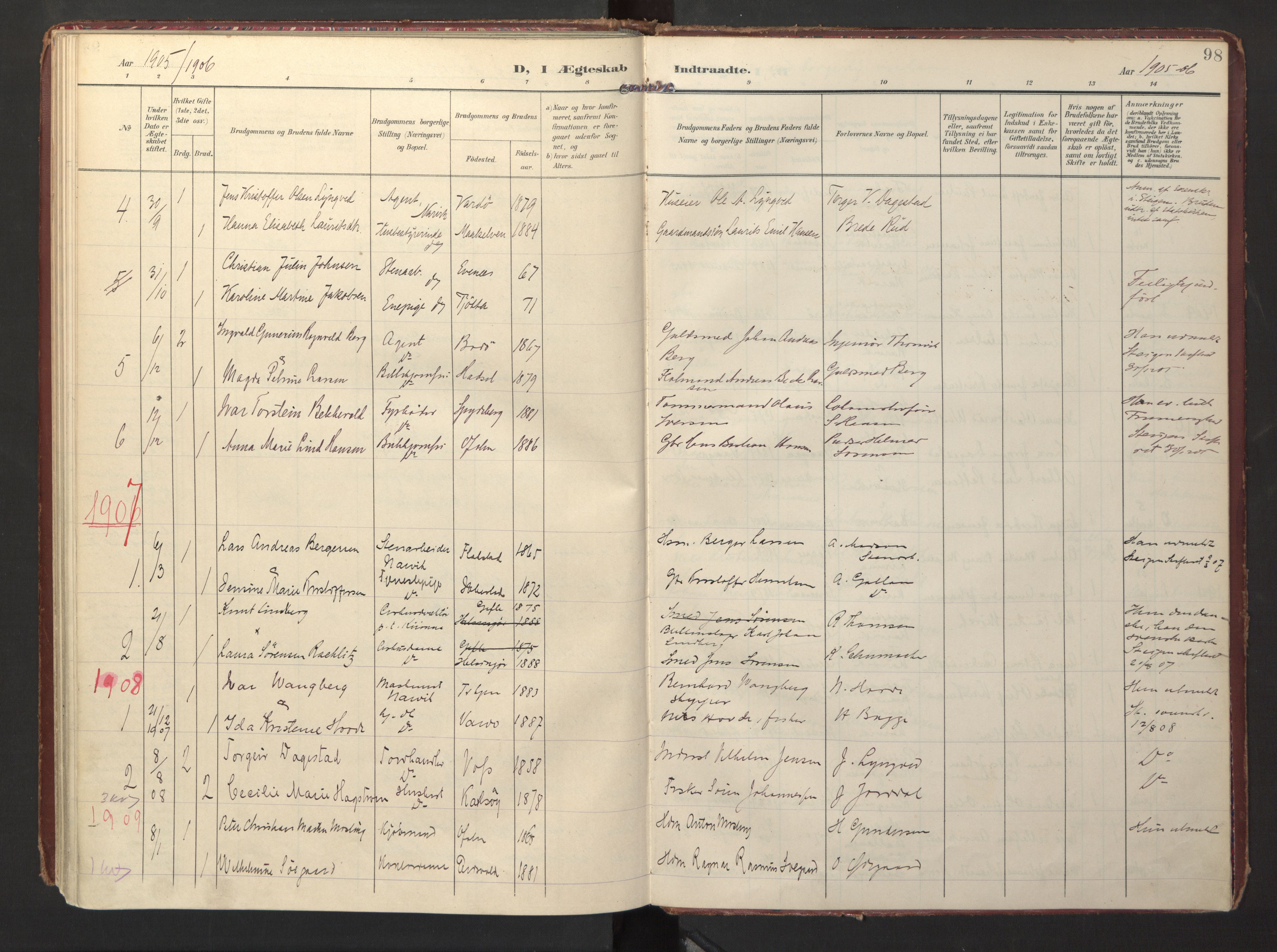 Ministerialprotokoller, klokkerbøker og fødselsregistre - Nordland, AV/SAT-A-1459/871/L0999: Parish register (official) no. 871A15, 1902-1917, p. 98