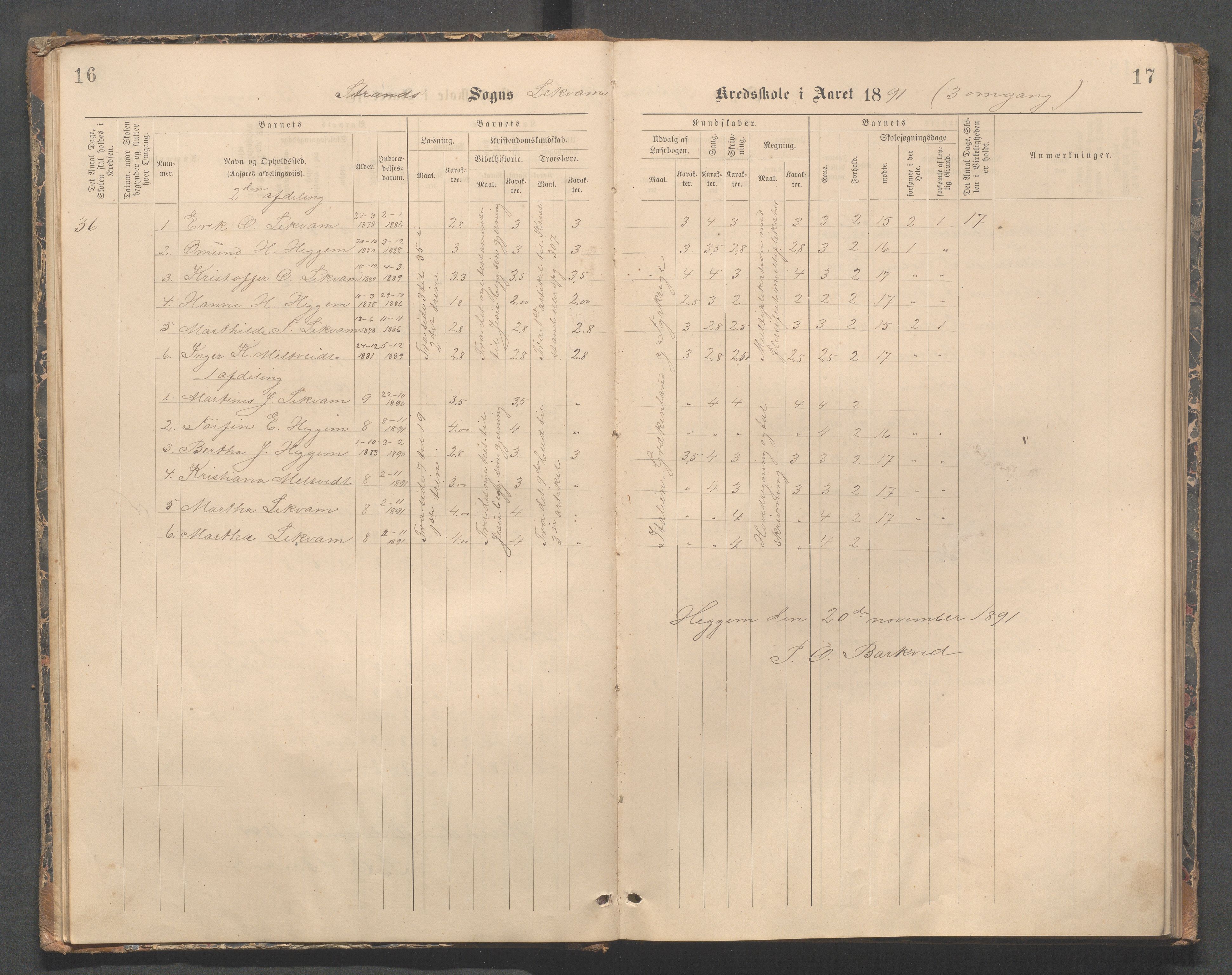 Strand kommune - Bjørheimsbygd skole, IKAR/A-147/H/L0002: Skoleprotokoll for Bjørheimsbygd og Lekvam krets, 1891-1907, p. 16-17