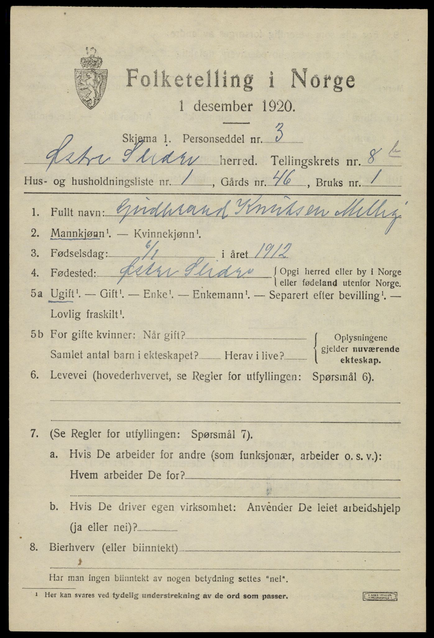 SAH, 1920 census for Øystre Slidre, 1920, p. 5345