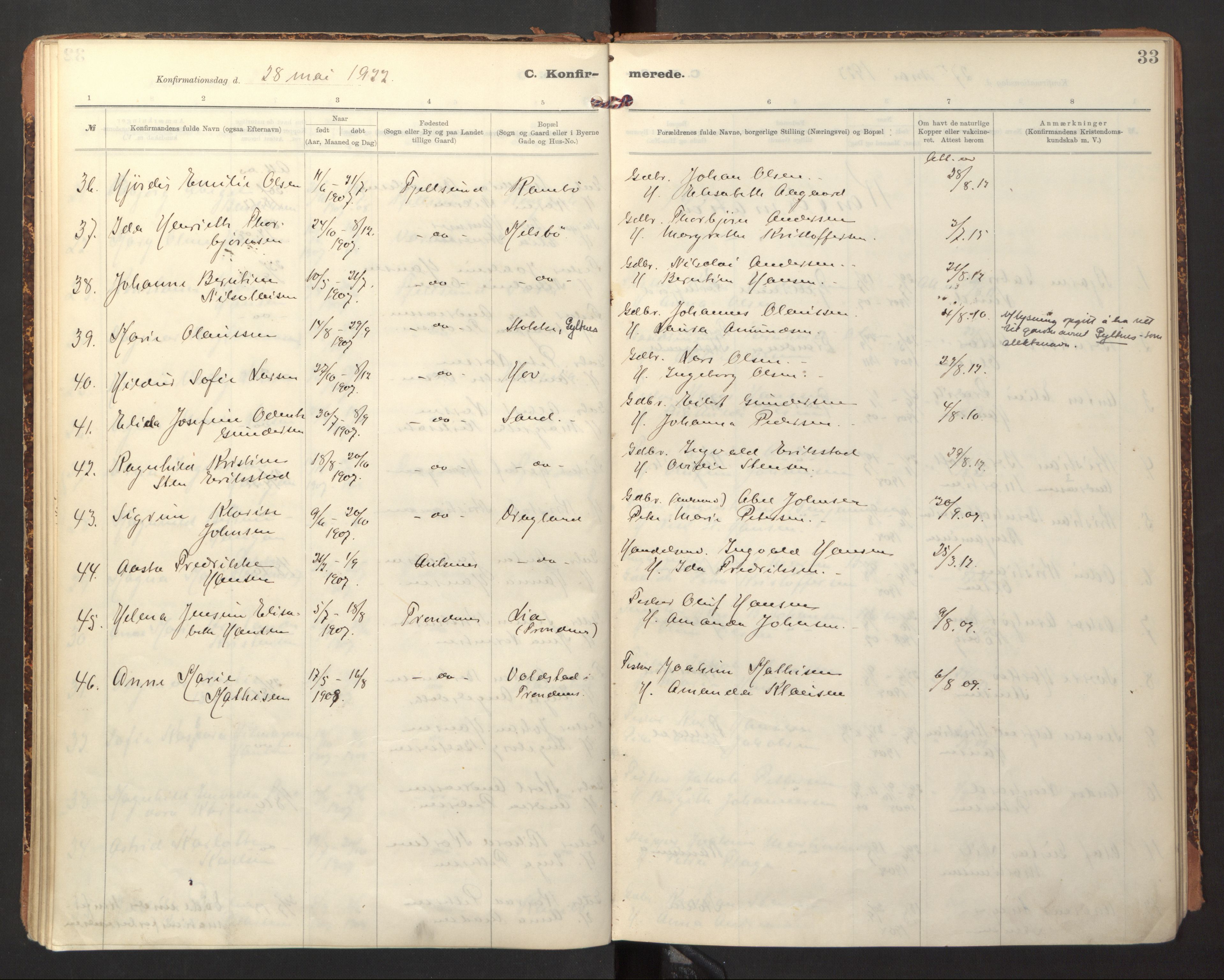 Ministerialprotokoller, klokkerbøker og fødselsregistre - Nordland, AV/SAT-A-1459/865/L0927: Parish register (official) no. 865A05, 1911-1935, p. 33