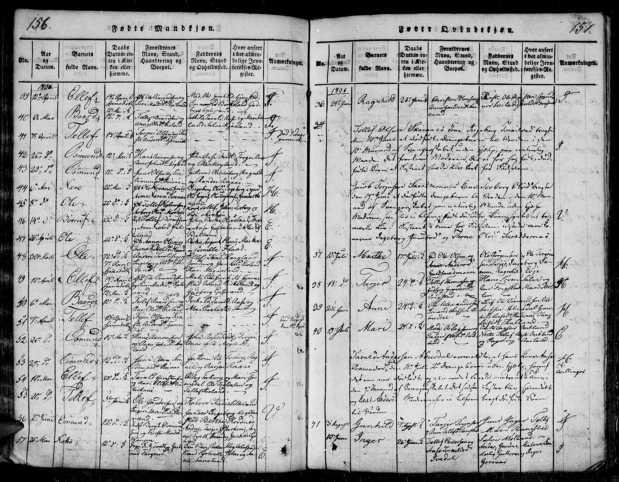 Evje sokneprestkontor, SAK/1111-0008/F/Fa/Faa/L0004: Parish register (official) no. A 4, 1816-1840, p. 156-157