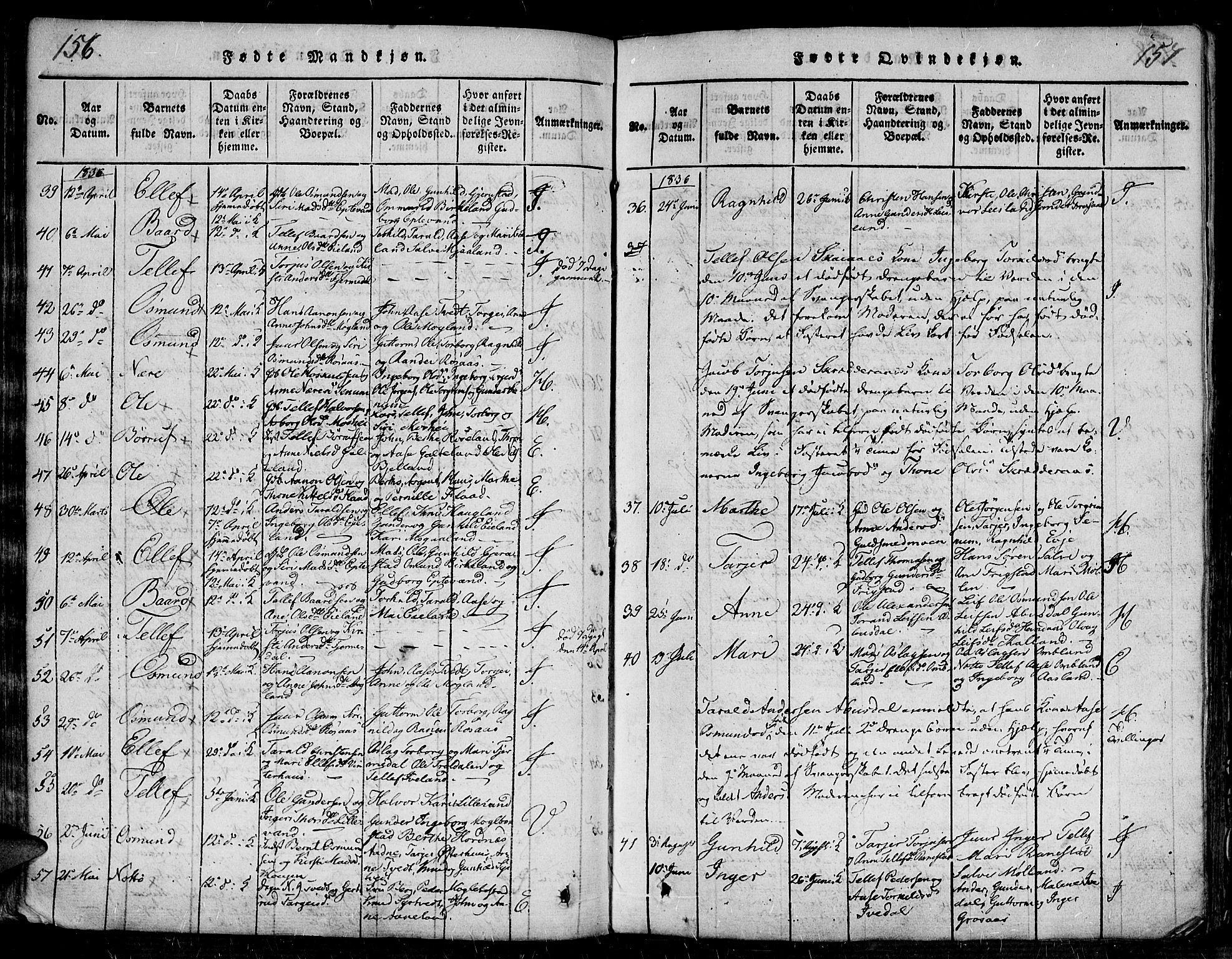 Evje sokneprestkontor, AV/SAK-1111-0008/F/Fa/Faa/L0004: Parish register (official) no. A 4, 1816-1840, p. 156-157