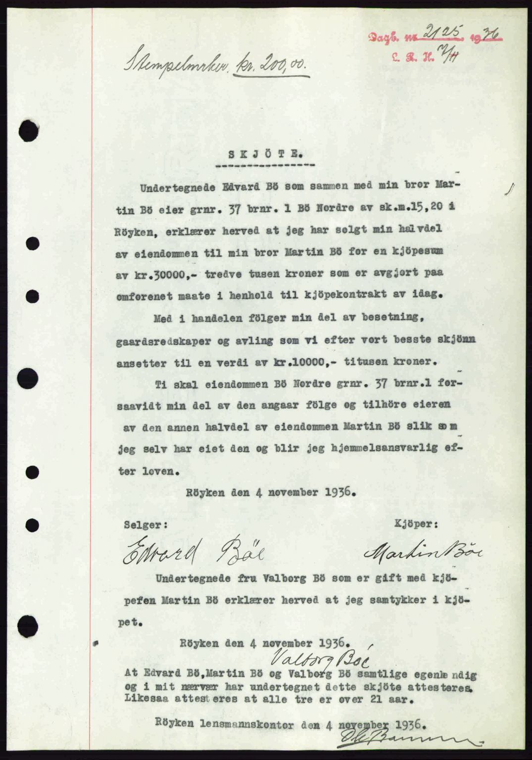 Lier, Røyken og Hurum sorenskriveri, SAKO/A-89/G/Ga/Gab/L0055: Mortgage book no. 55, 1936-1937, Diary no: : 2125/1936