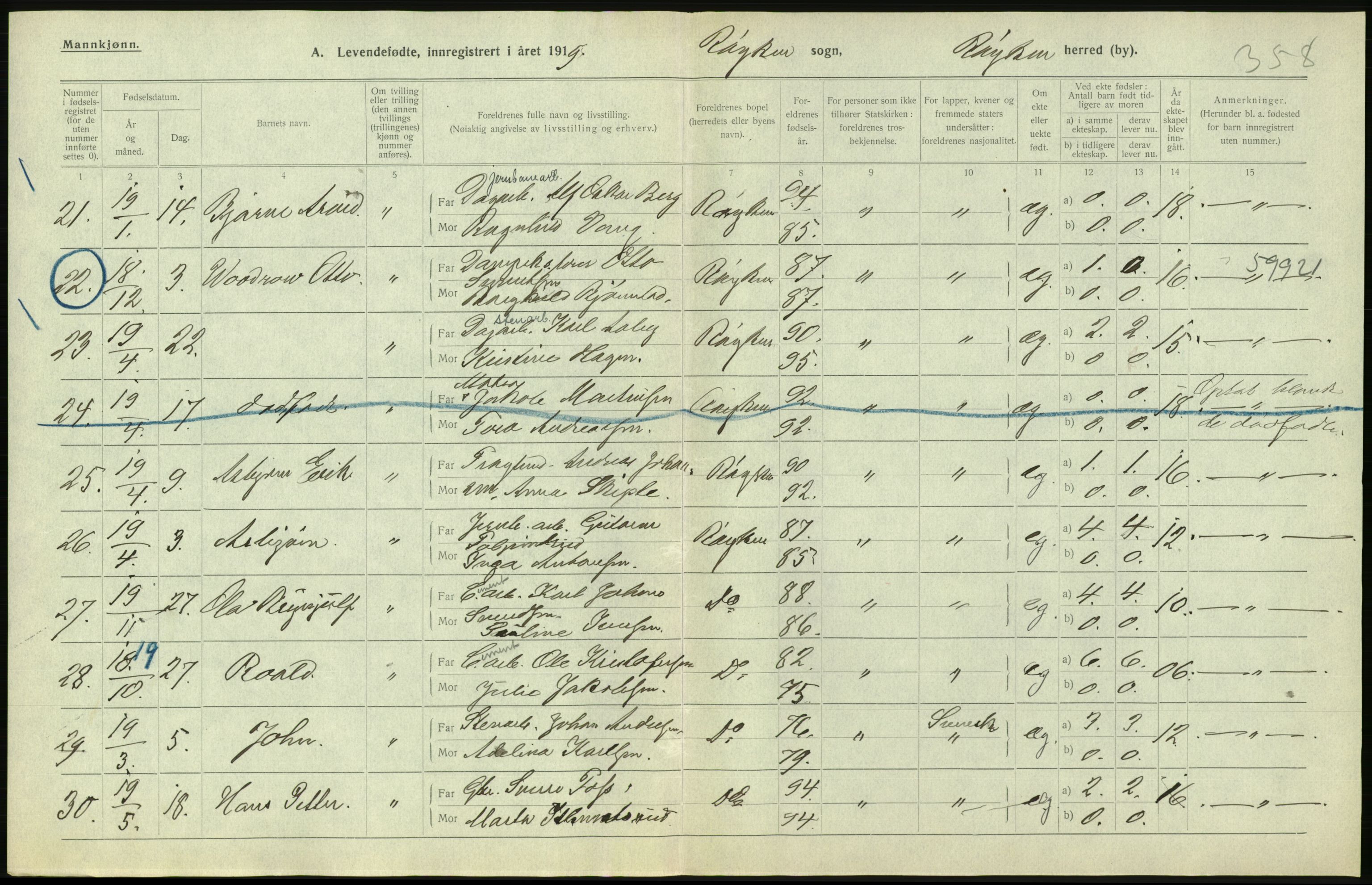 Statistisk sentralbyrå, Sosiodemografiske emner, Befolkning, RA/S-2228/D/Df/Dfb/Dfbi/L0016: Buskerud fylke: Levendefødte menn og kvinner. Bygder., 1919, p. 326