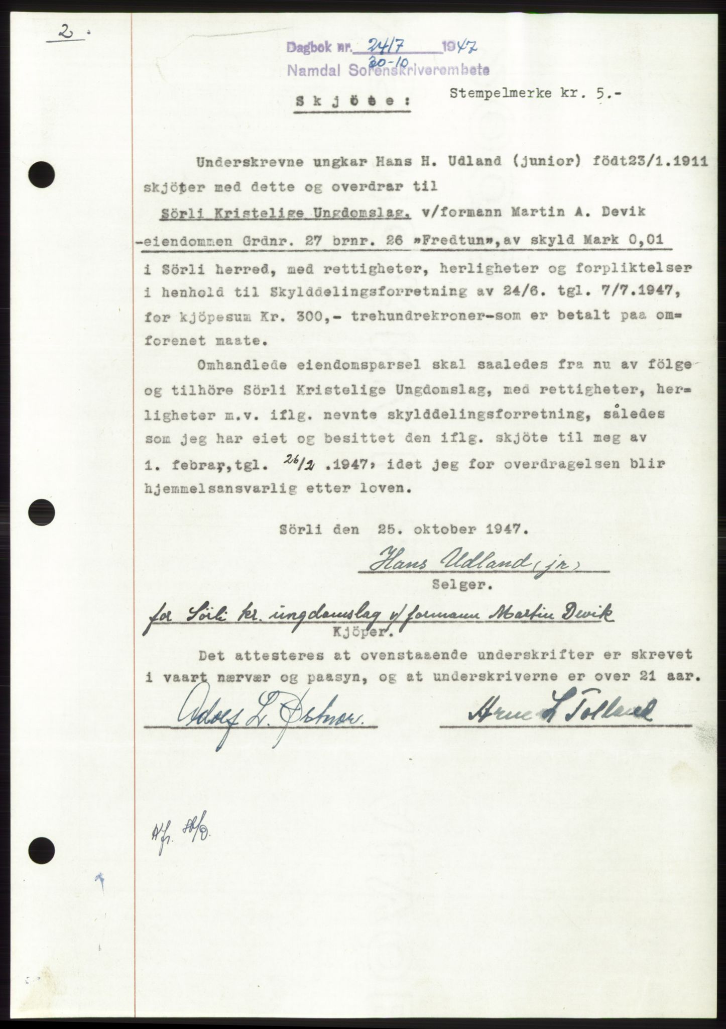 Namdal sorenskriveri, AV/SAT-A-4133/1/2/2C: Mortgage book no. -, 1947-1947, Diary no: : 2417/1947