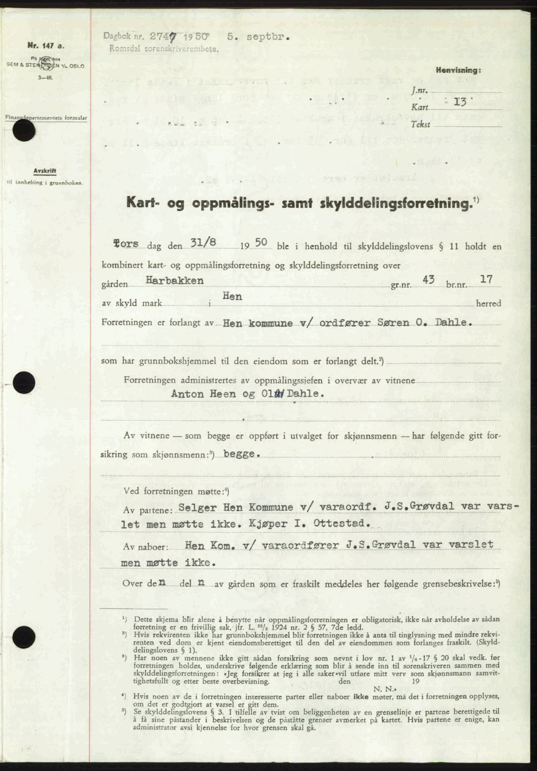 Romsdal sorenskriveri, AV/SAT-A-4149/1/2/2C: Mortgage book no. A34, 1950-1950, Diary no: : 2747/1950