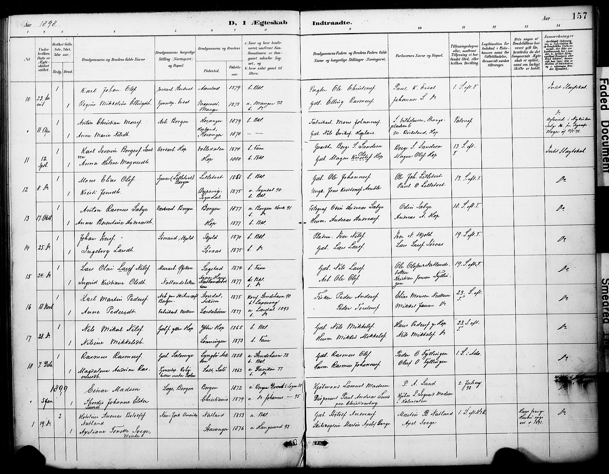 Fana Sokneprestembete, AV/SAB-A-75101/H/Haa/Haai/L0002: Parish register (official) no. I 2, 1888-1899, p. 157