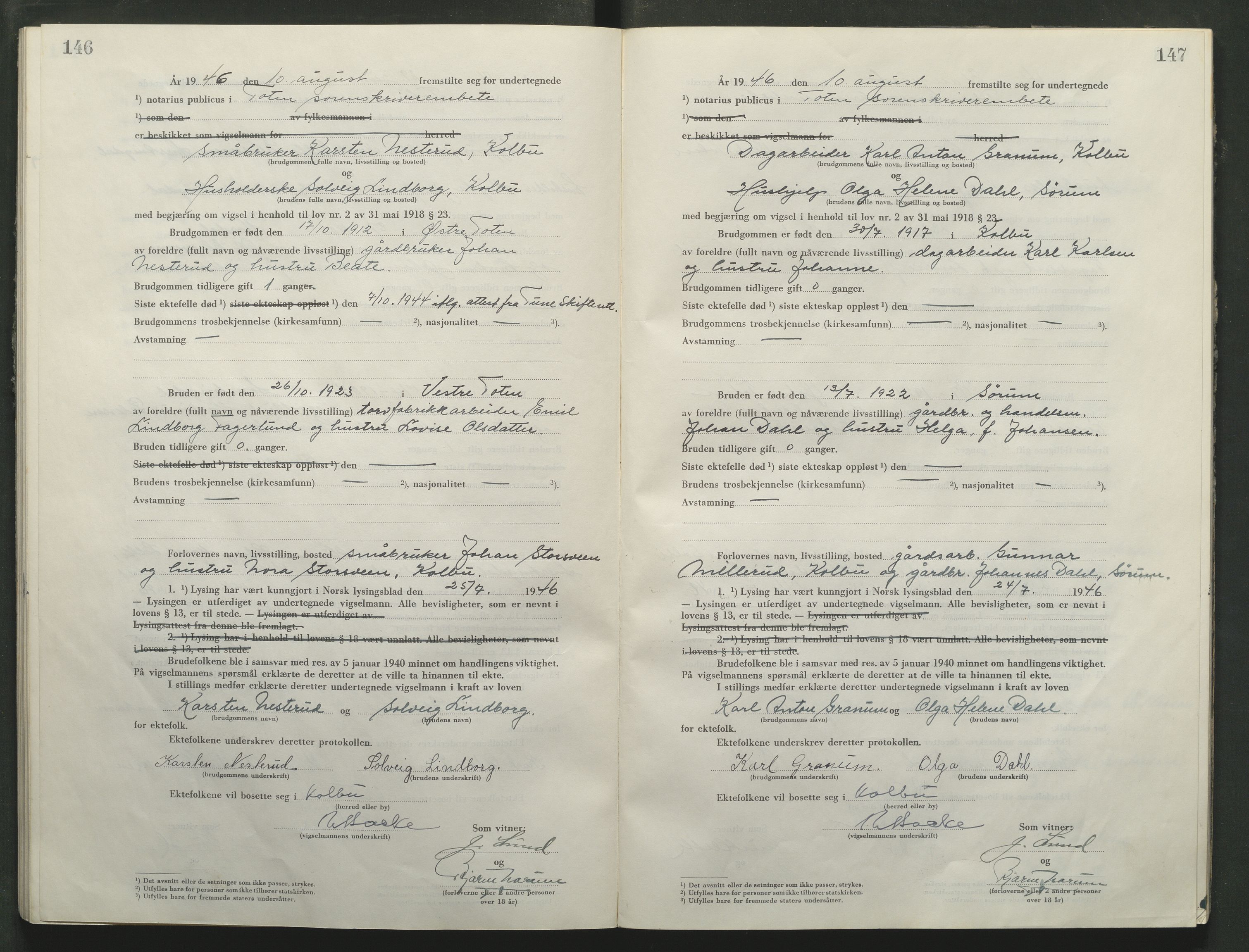Toten tingrett, AV/SAH-TING-006/L/Lc/L0005: Vigselbok, 1944-1948, p. 146-147