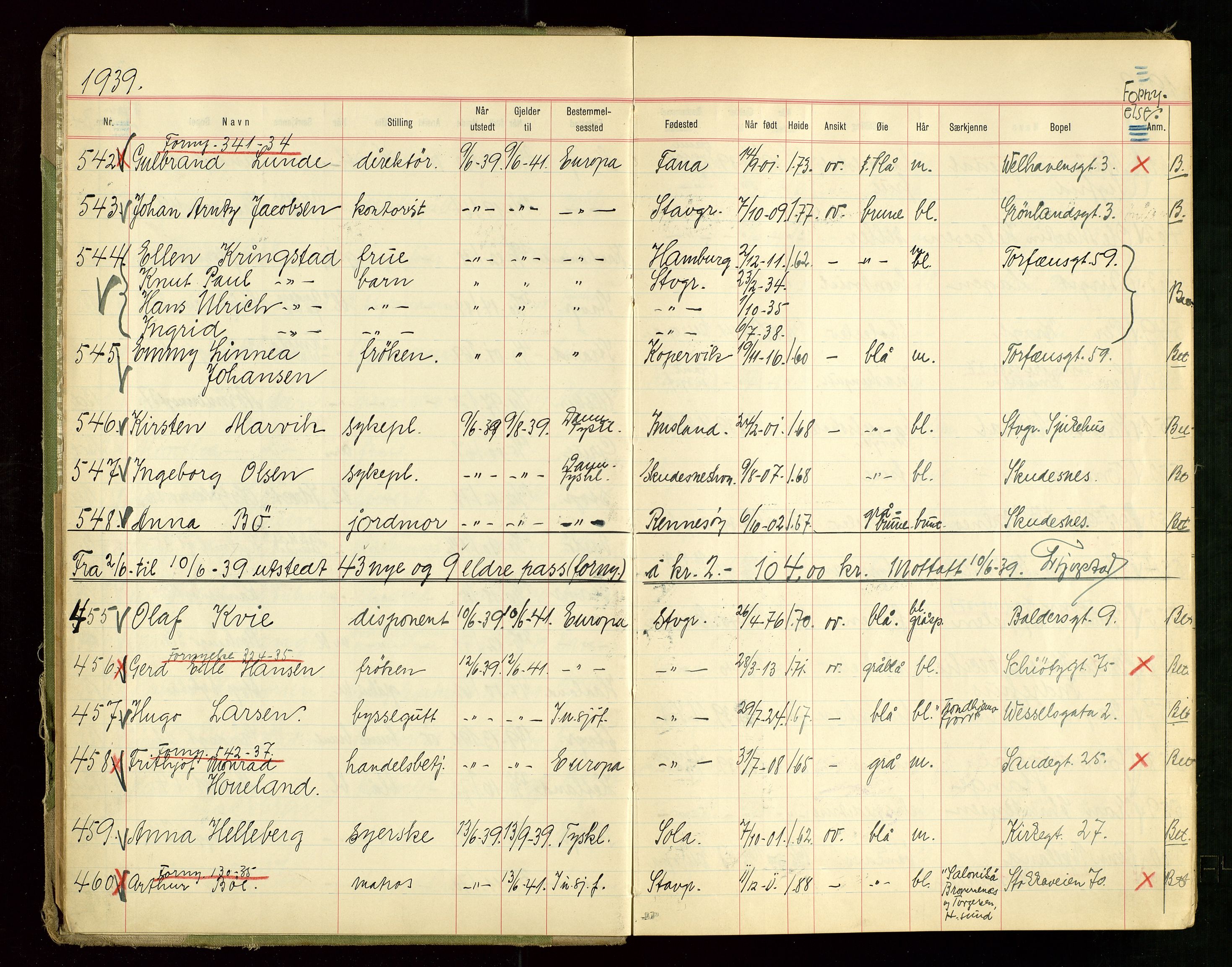 Stavanger politikammer, AV/SAST-A-100361/001/H/Hc/Hcd/Hcdb/L0002: "Pass-protokoll", 1939-1945, p. 7