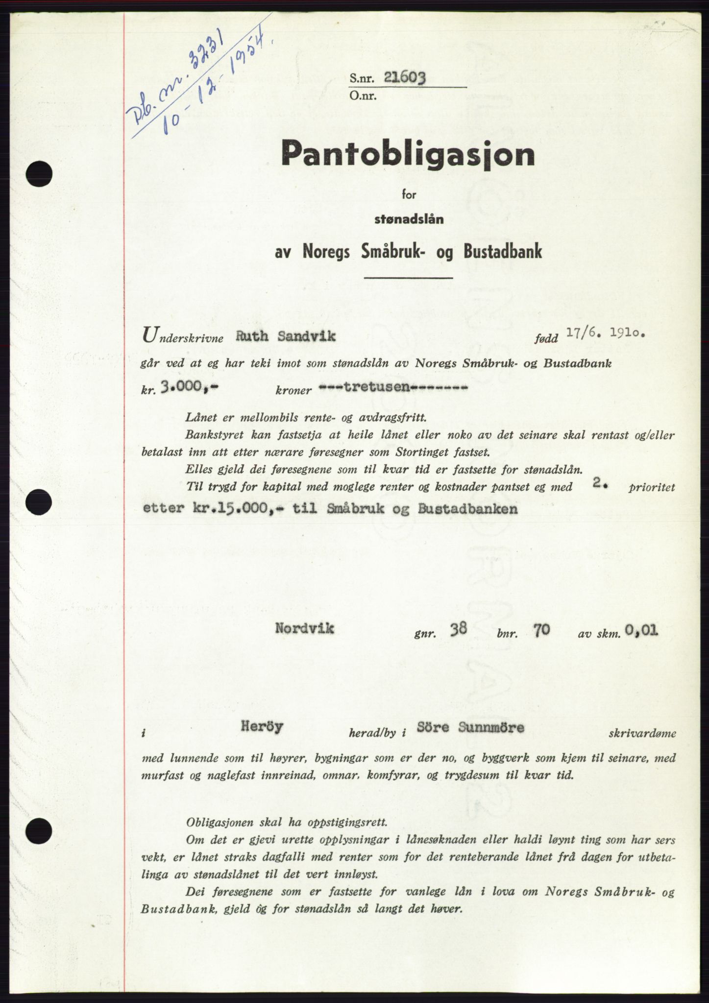 Søre Sunnmøre sorenskriveri, AV/SAT-A-4122/1/2/2C/L0126: Mortgage book no. 14B, 1954-1955, Diary no: : 3231/1954