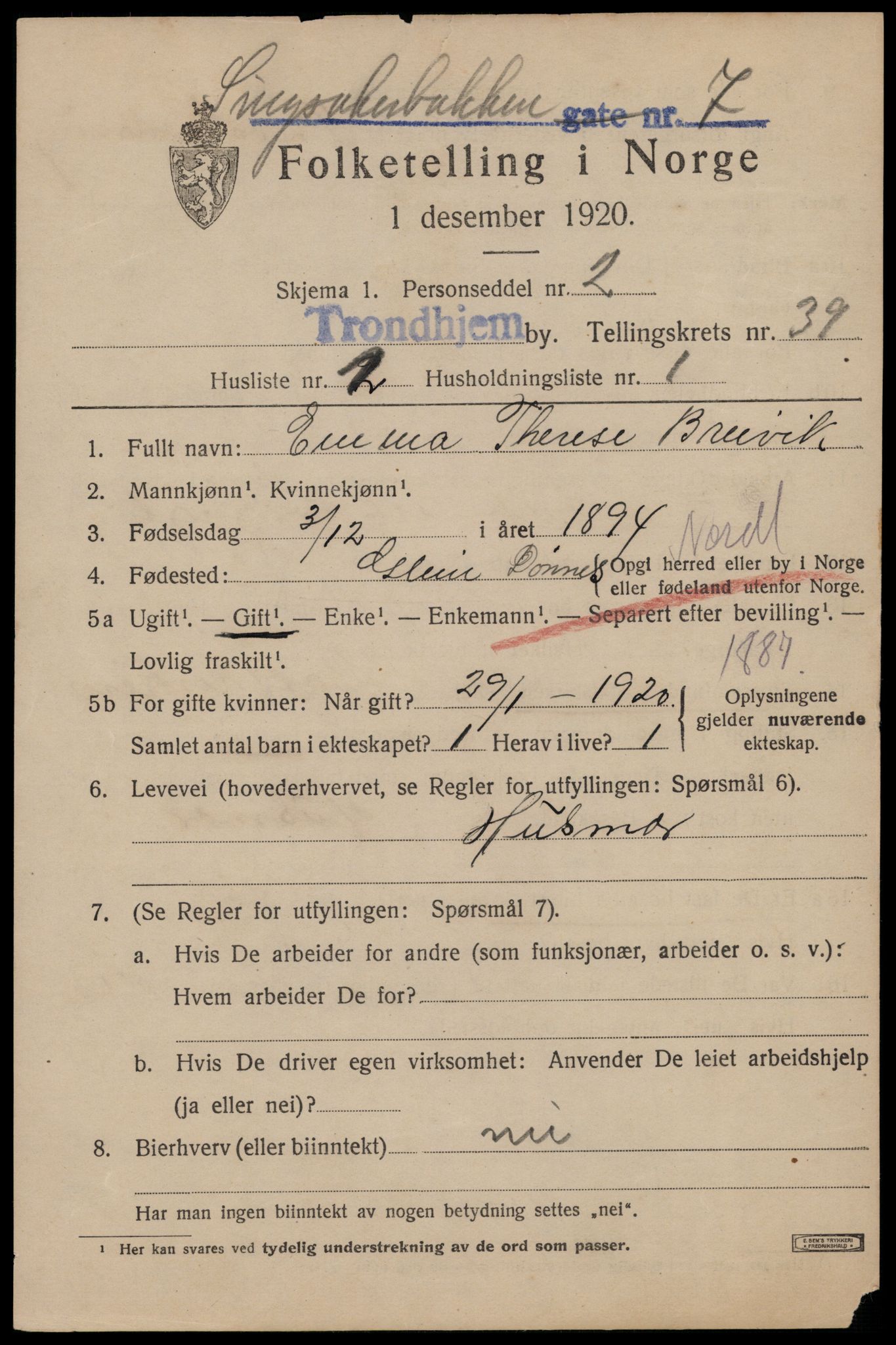 SAT, 1920 census for Trondheim, 1920, p. 87824