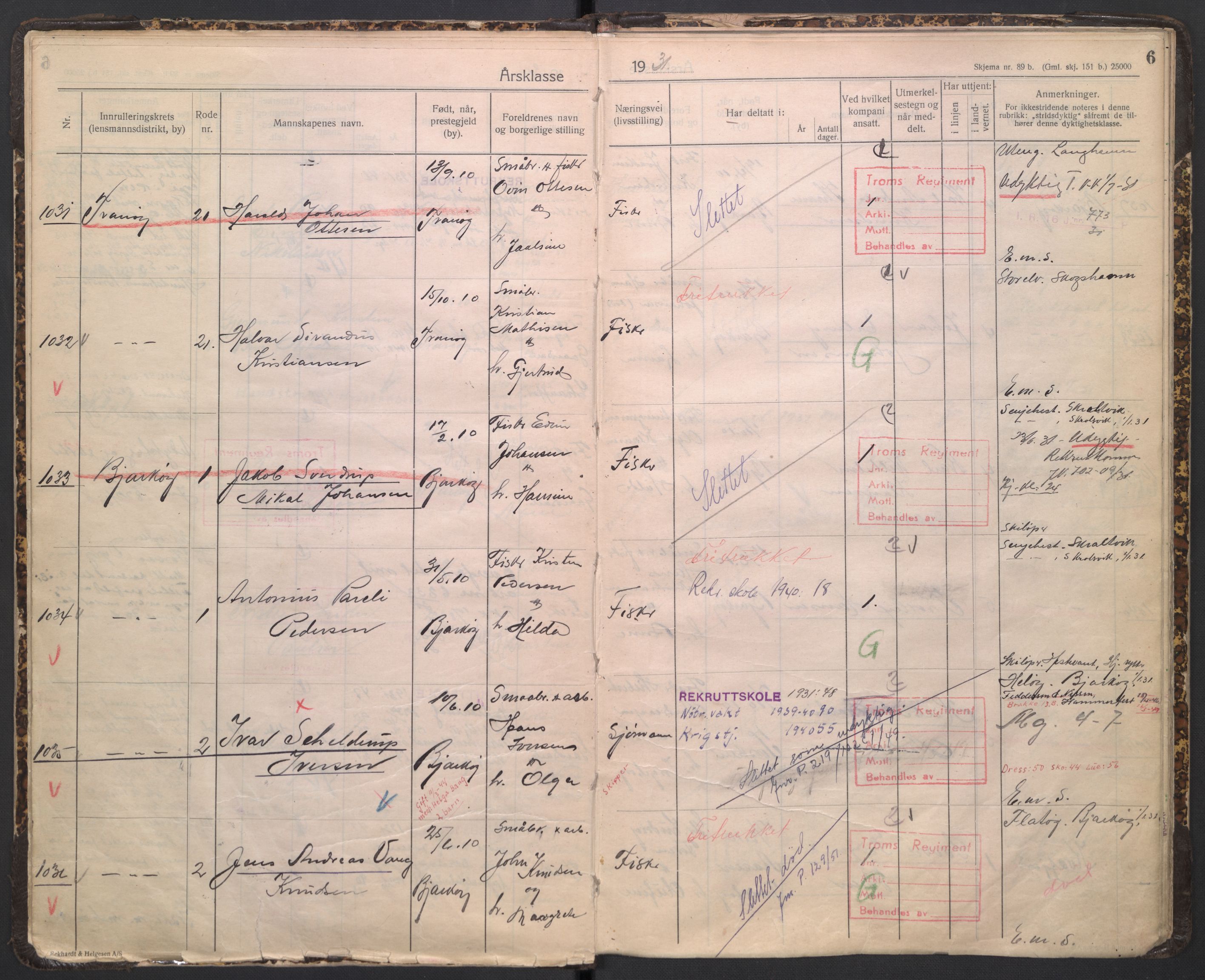 Forsvaret, Troms infanteriregiment nr. 16, AV/RA-RAFA-3146/P/Pa/L0005/0005: Ruller / Rulle for Trondenes bataljons menige mannskaper, årsklasse 1931, 1931, p. 6