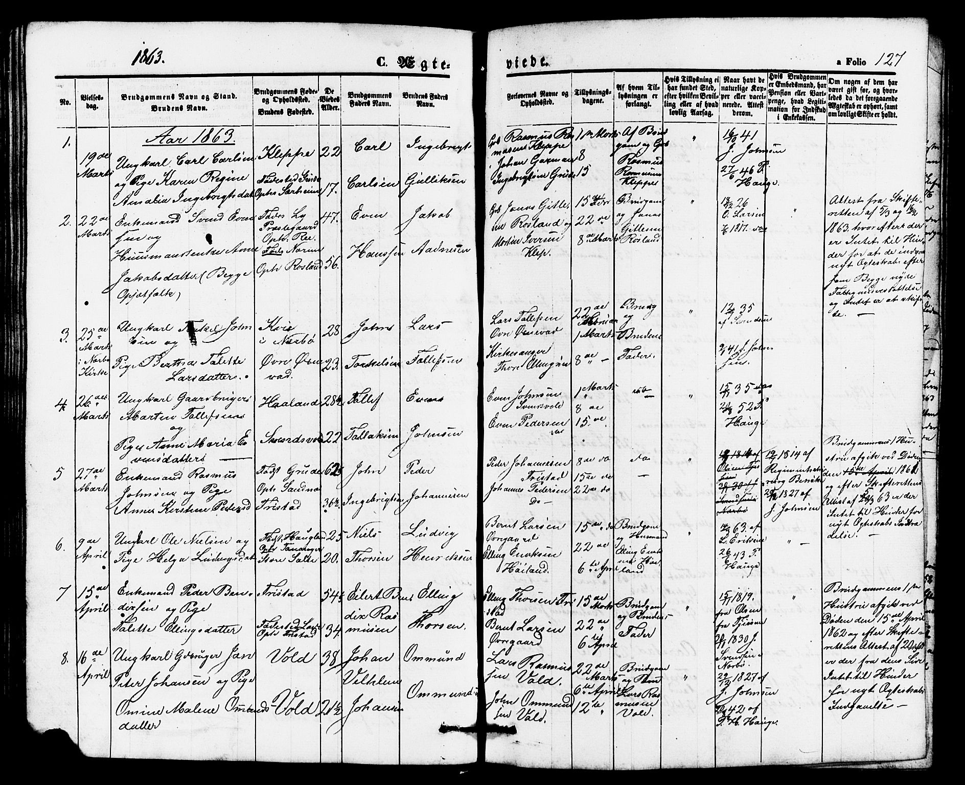 Klepp sokneprestkontor, AV/SAST-A-101803/001/3/30BB/L0002: Parish register (copy) no. B 2, 1860-1875, p. 127
