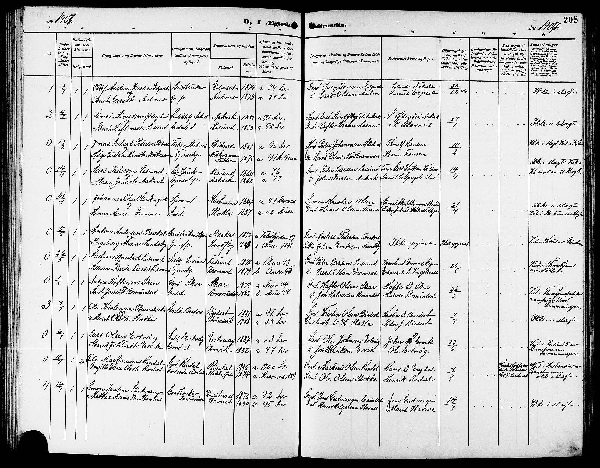 Ministerialprotokoller, klokkerbøker og fødselsregistre - Møre og Romsdal, AV/SAT-A-1454/578/L0910: Parish register (copy) no. 578C03, 1900-1921, p. 208