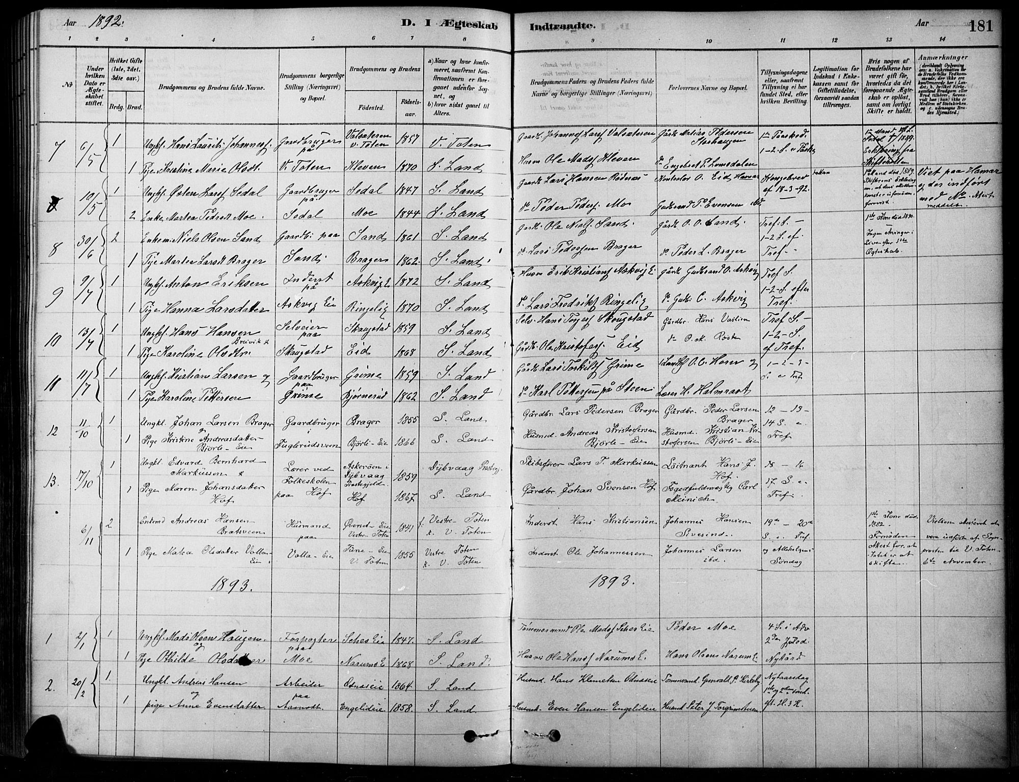 Søndre Land prestekontor, SAH/PREST-122/K/L0003: Parish register (official) no. 3, 1878-1894, p. 181