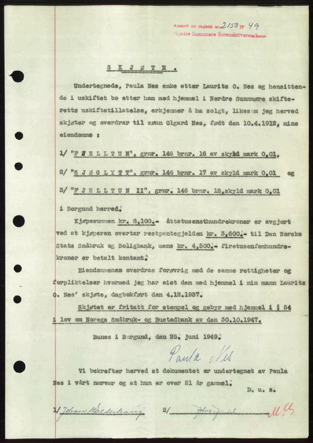 Nordre Sunnmøre sorenskriveri, AV/SAT-A-0006/1/2/2C/2Ca: Mortgage book no. A32, 1949-1949, Diary no: : 2150/1949