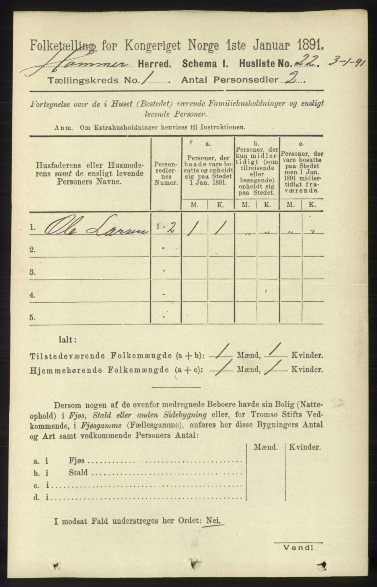 RA, 1891 census for 1254 Hamre, 1891, p. 62