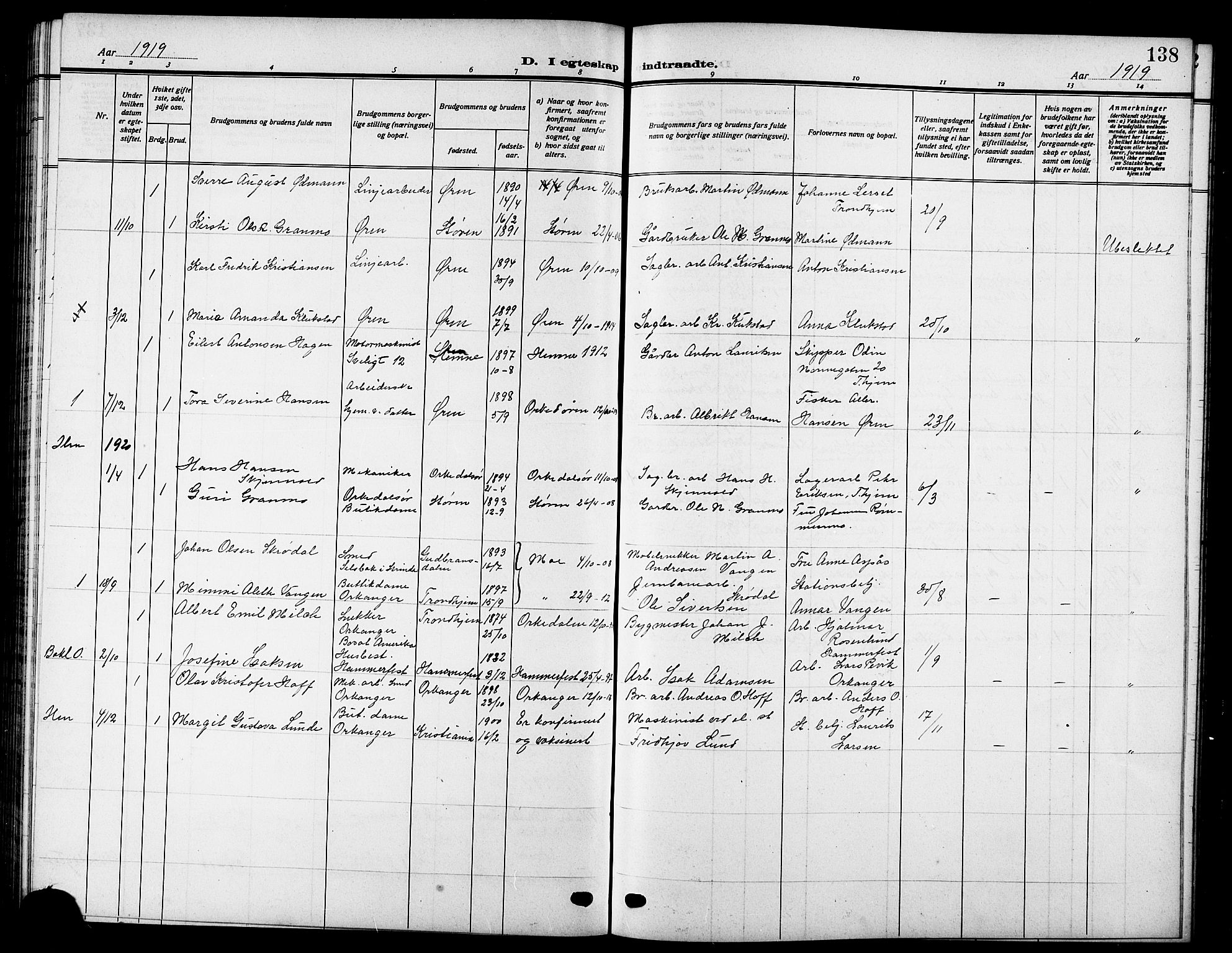 Ministerialprotokoller, klokkerbøker og fødselsregistre - Sør-Trøndelag, SAT/A-1456/669/L0831: Parish register (copy) no. 669C01, 1909-1924, p. 138