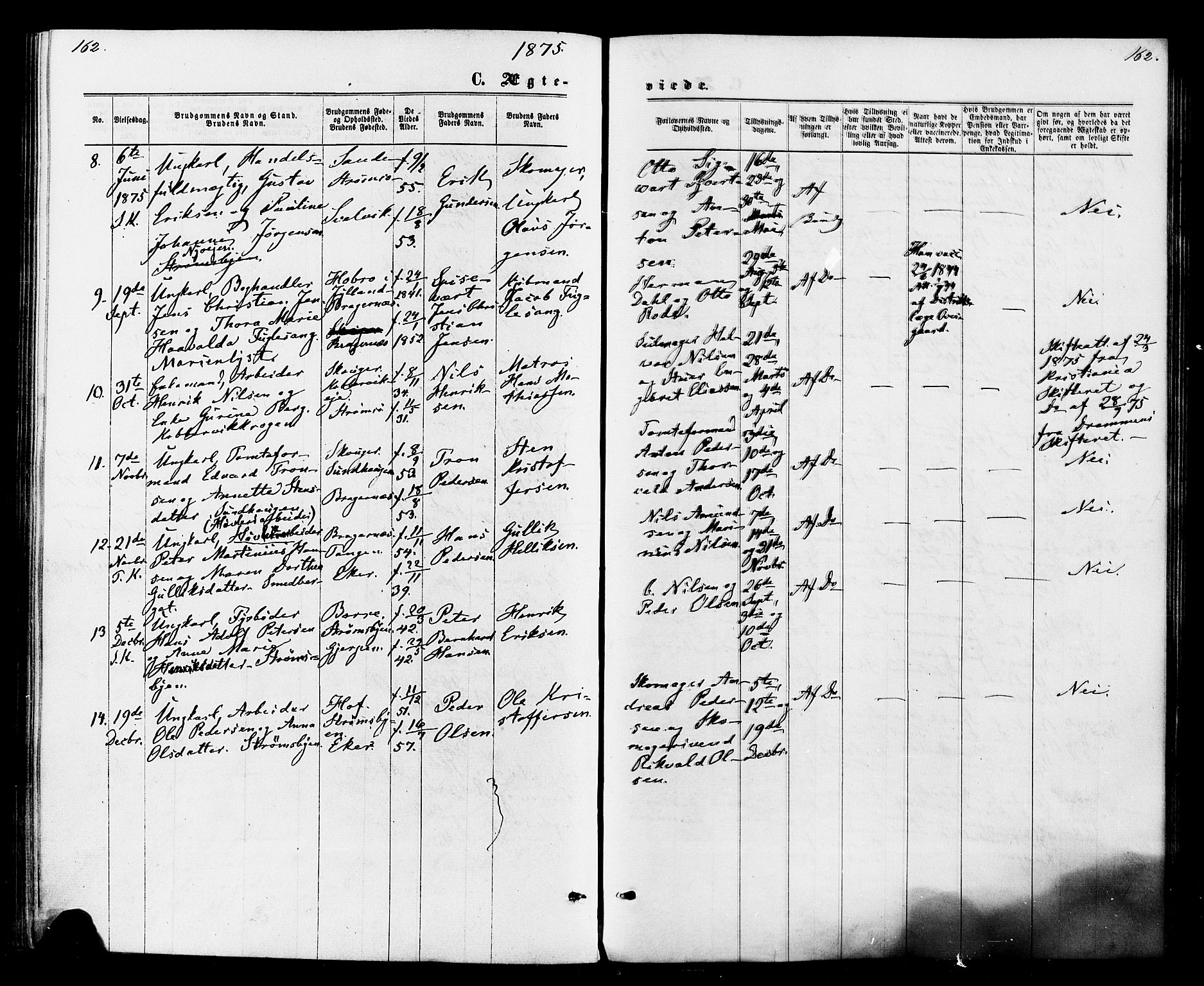 Strømsø kirkebøker, AV/SAKO-A-246/F/Fa/L0020: Parish register (official) no. I 20, 1870-1878, p. 162