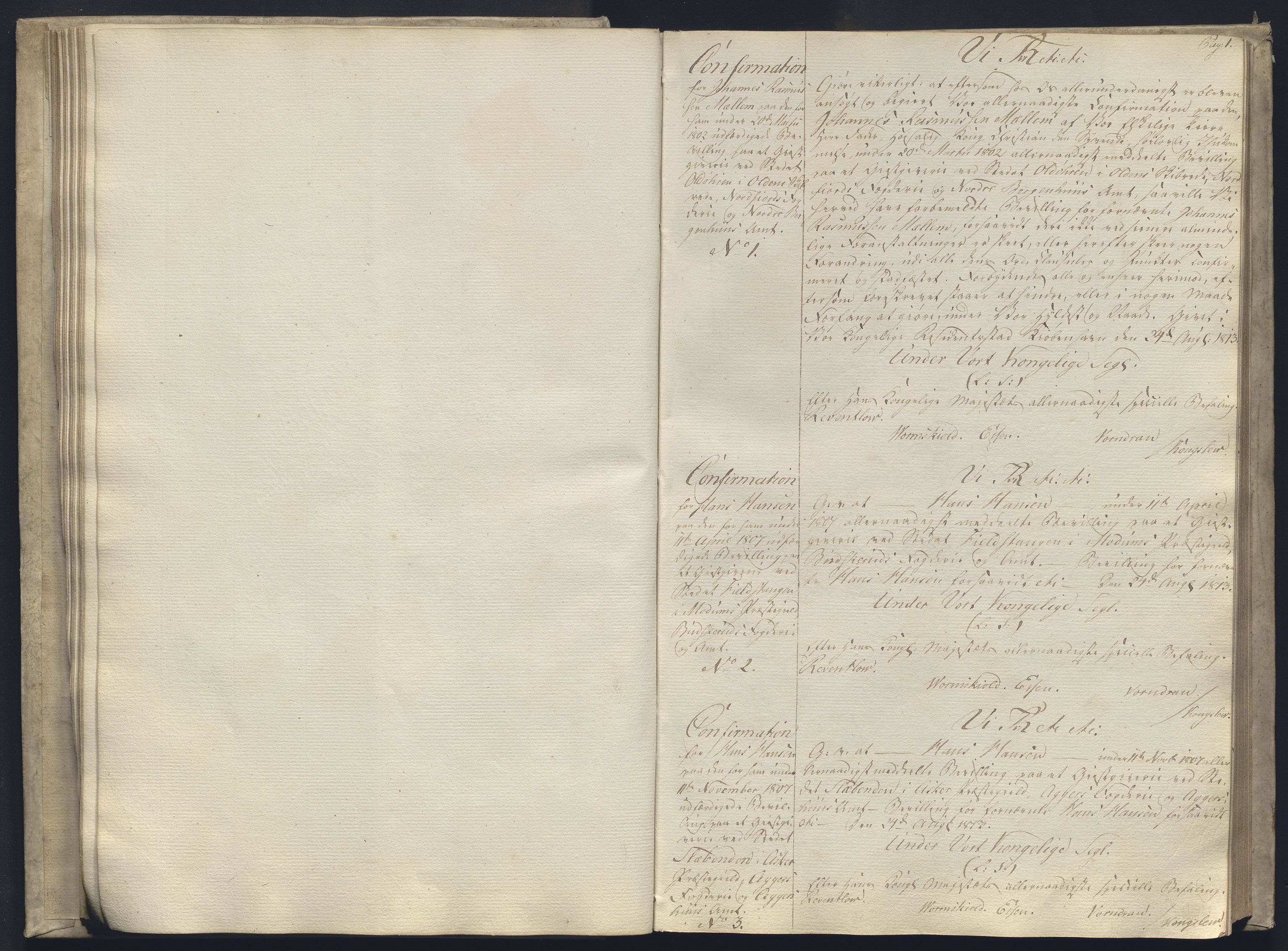 Rentekammeret, Kammerkanselliet, RA/EA-3111/G/Gg/Ggc/Ggca/L0003: Norsk konfirmasjonsekspedisjonsprotokoll, 1813, p. 1