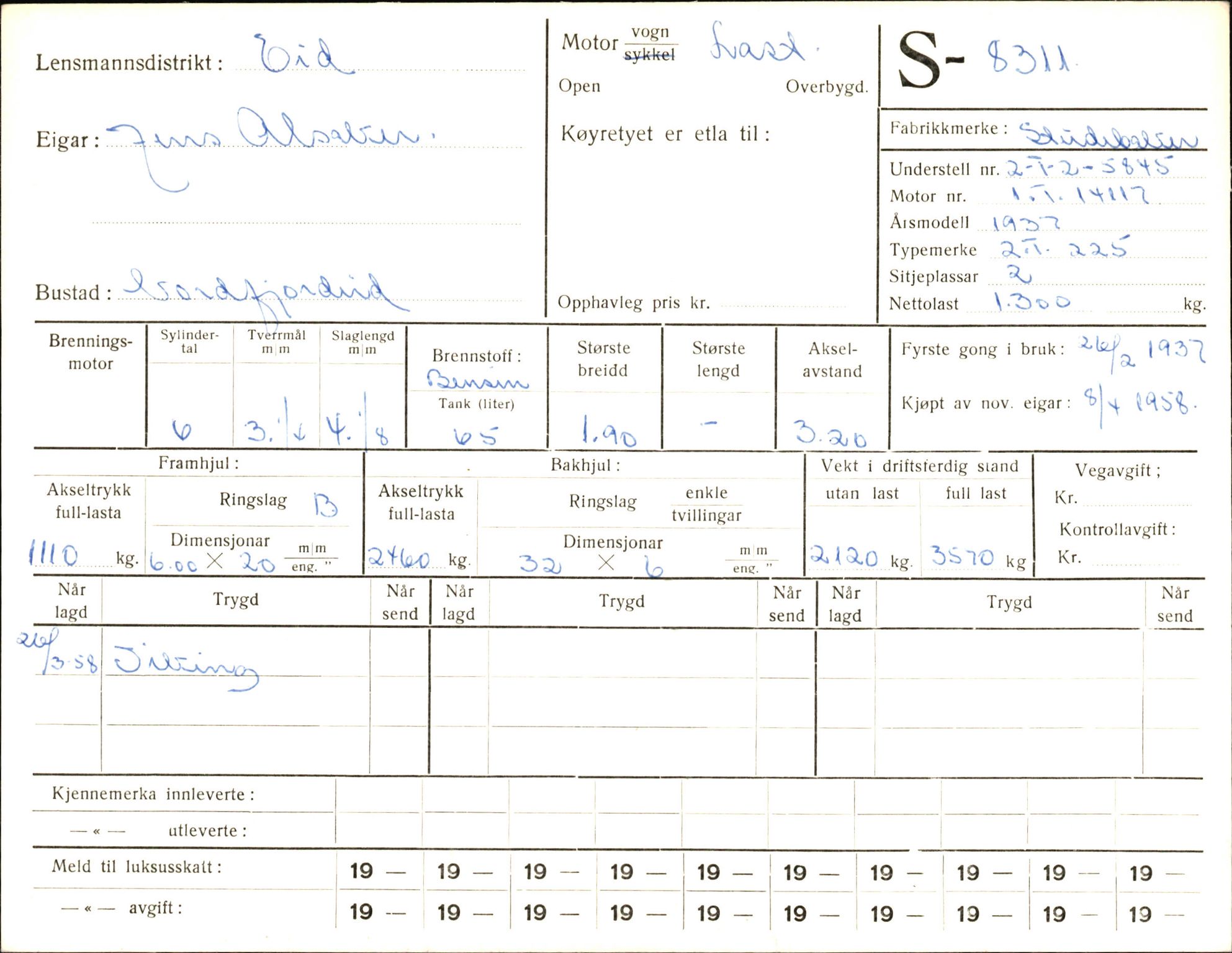 Statens vegvesen, Sogn og Fjordane vegkontor, AV/SAB-A-5301/4/F/L0006: Registerkort utmeldte Fjordane S8300-9500, 1930-1961, p. 20