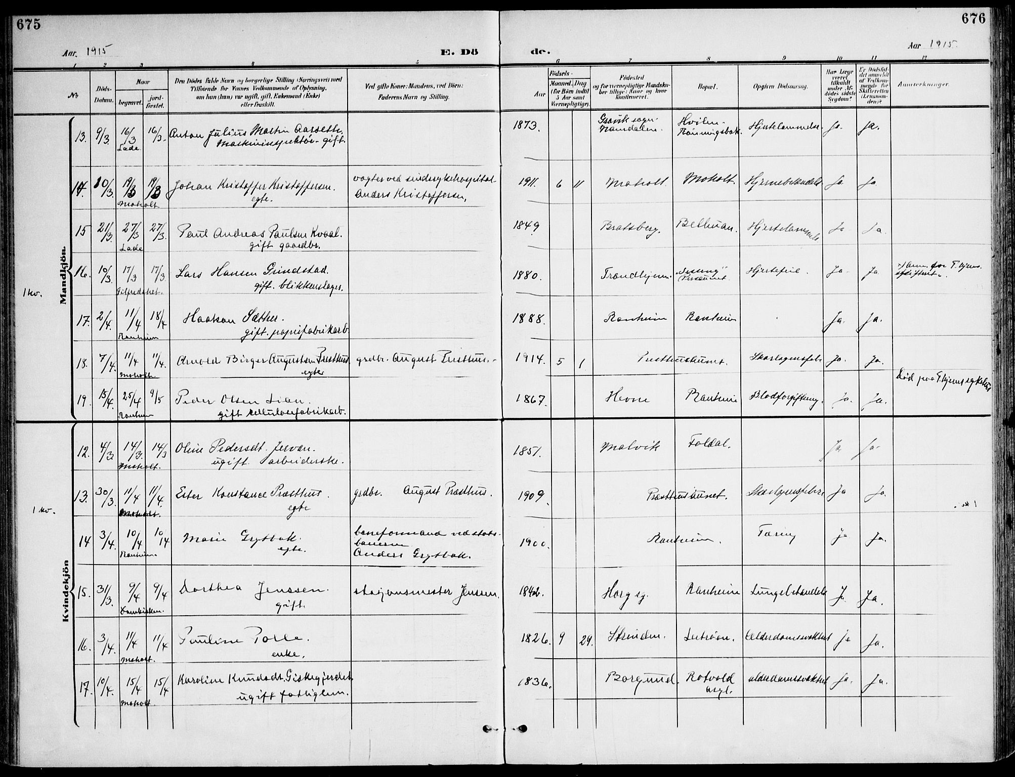 Ministerialprotokoller, klokkerbøker og fødselsregistre - Sør-Trøndelag, AV/SAT-A-1456/607/L0320: Parish register (official) no. 607A04, 1907-1915, p. 675-676