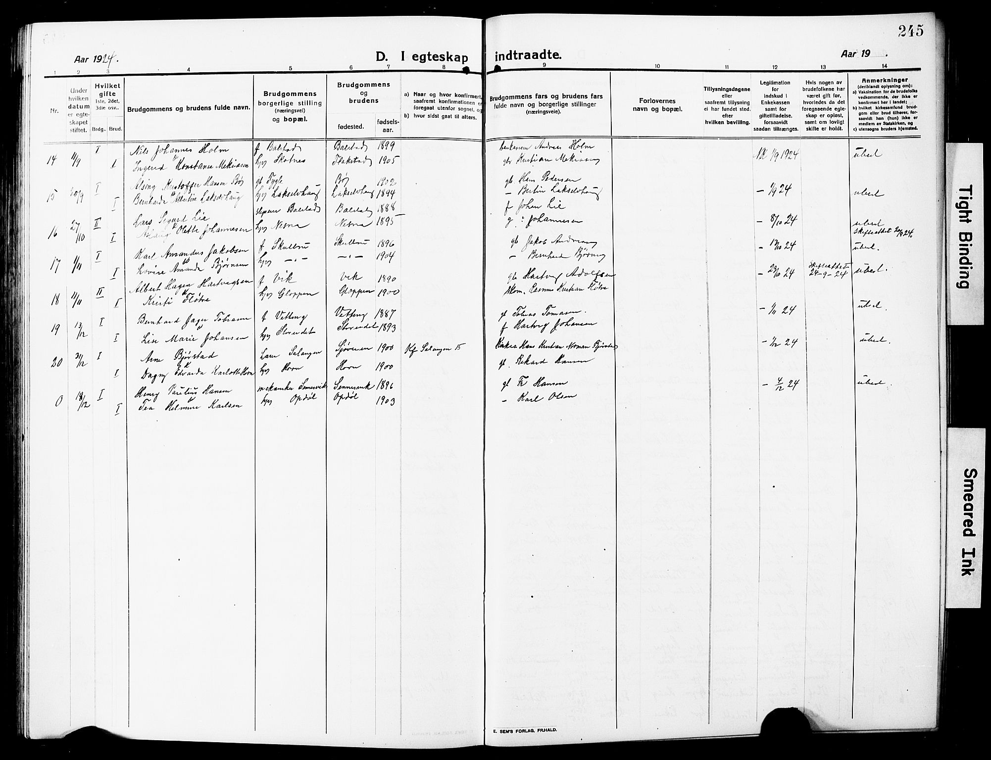 Ministerialprotokoller, klokkerbøker og fødselsregistre - Nordland, AV/SAT-A-1459/881/L1169: Parish register (copy) no. 881C06, 1912-1930, p. 245