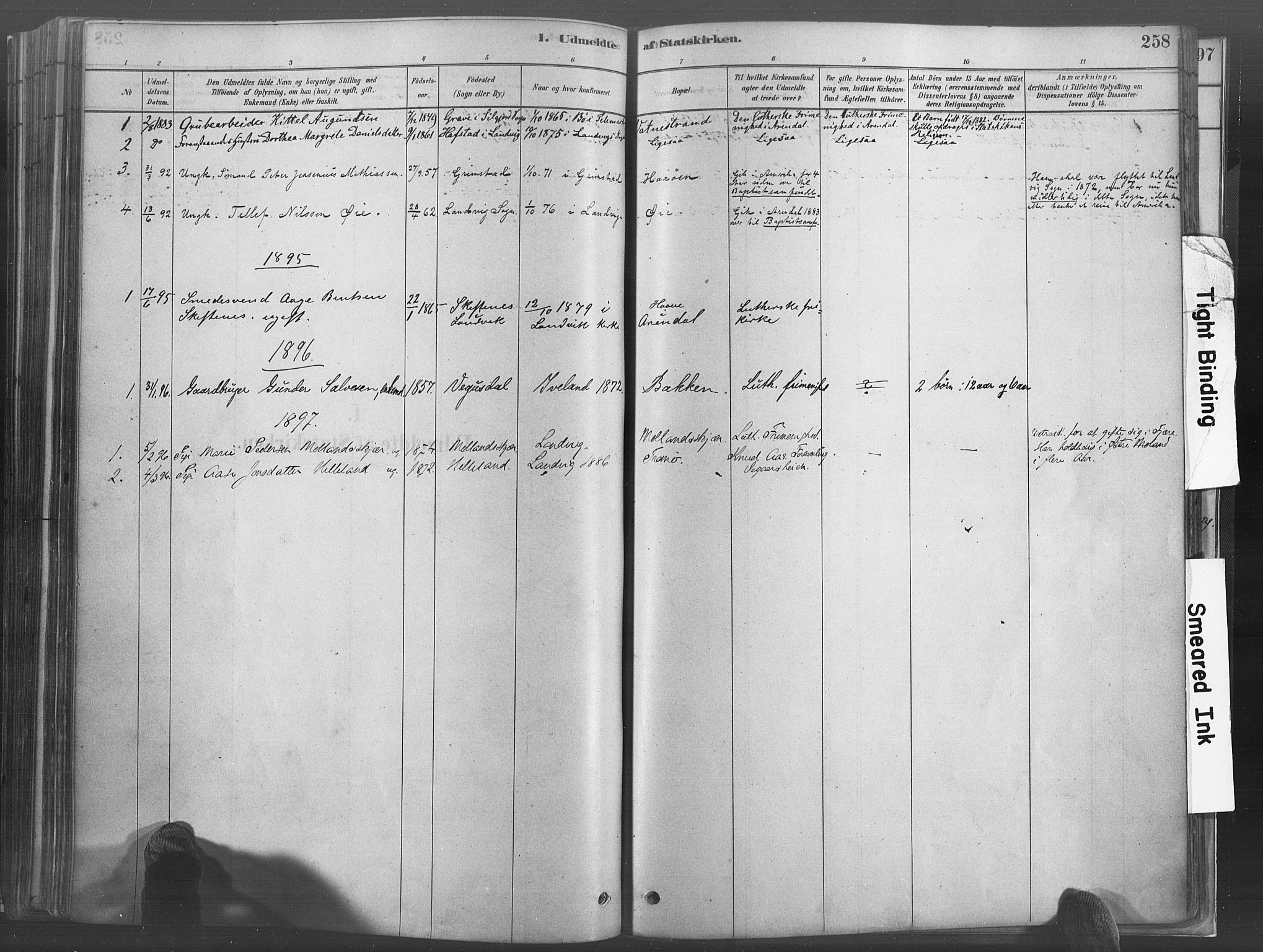 Hommedal sokneprestkontor, AV/SAK-1111-0023/F/Fa/Fab/L0006: Parish register (official) no. A 6, 1878-1897, p. 258