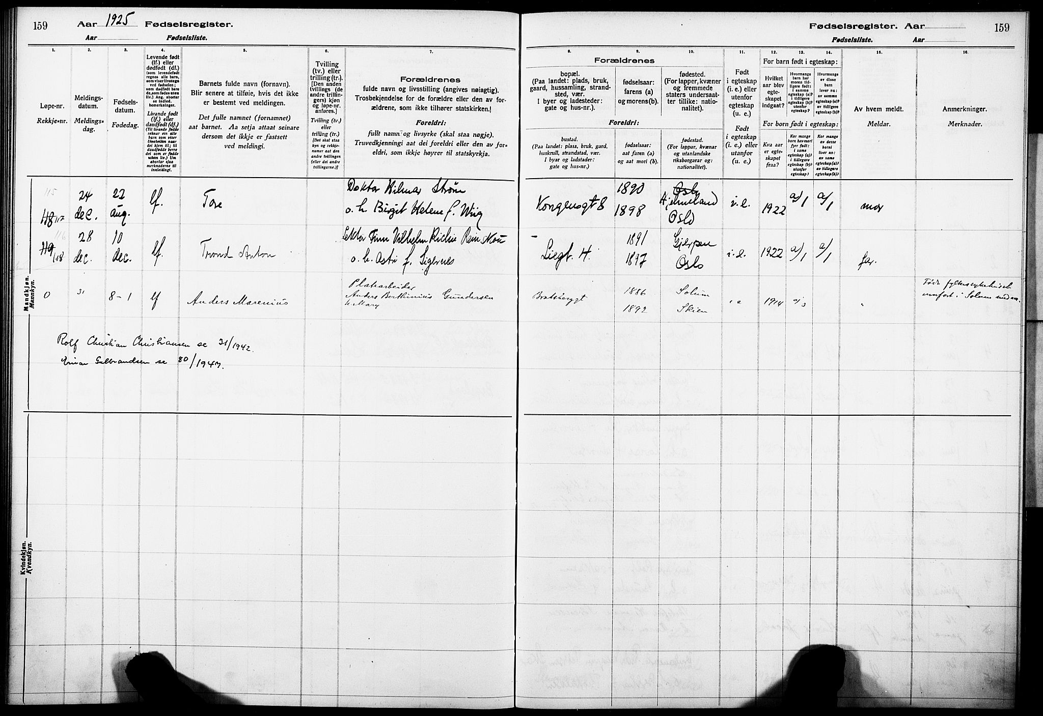 Skien kirkebøker, AV/SAKO-A-302/J/Ja/L0002: Birth register no. 2, 1921-1927, p. 159