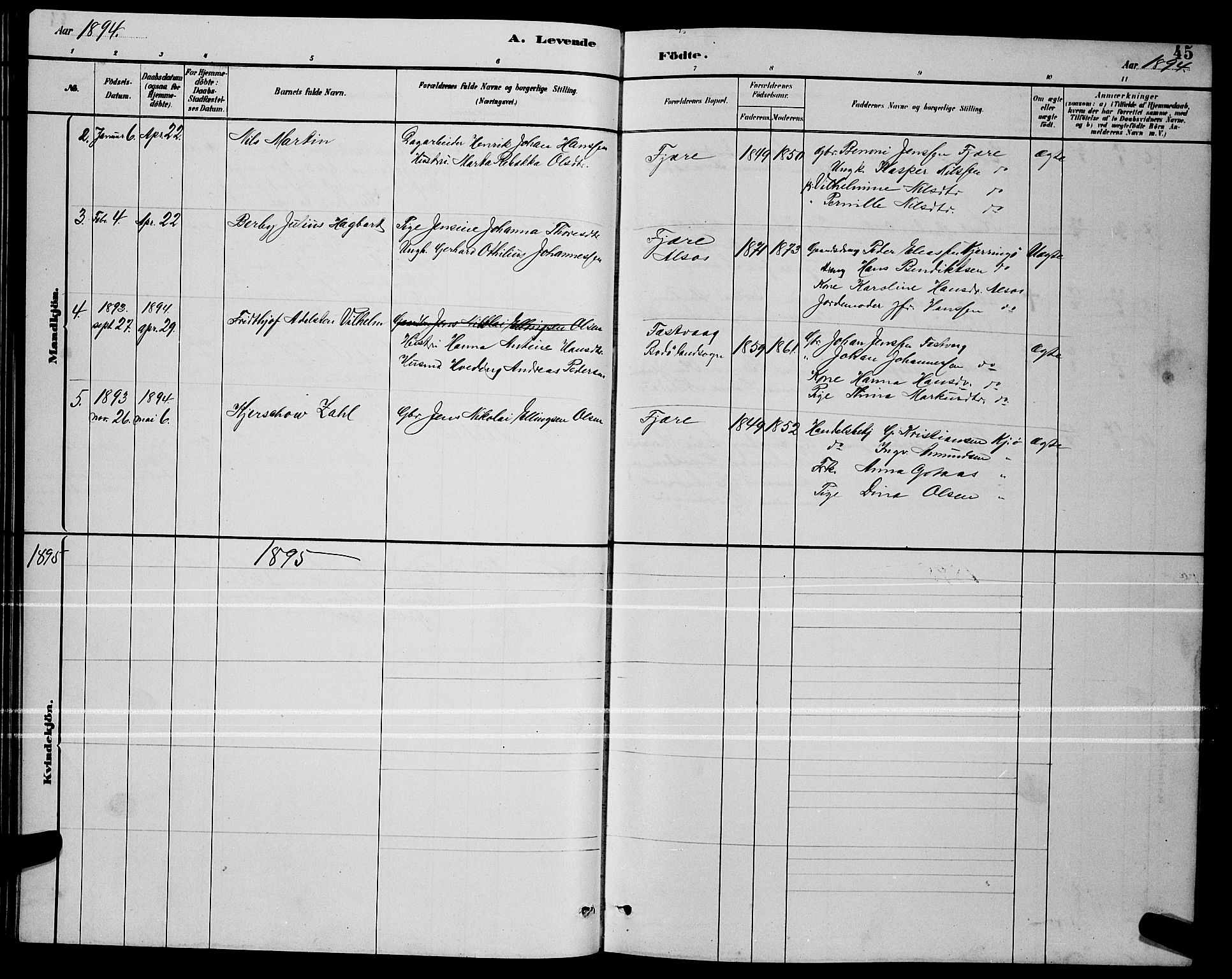 Ministerialprotokoller, klokkerbøker og fødselsregistre - Nordland, AV/SAT-A-1459/803/L0076: Parish register (copy) no. 803C03, 1882-1897, p. 45