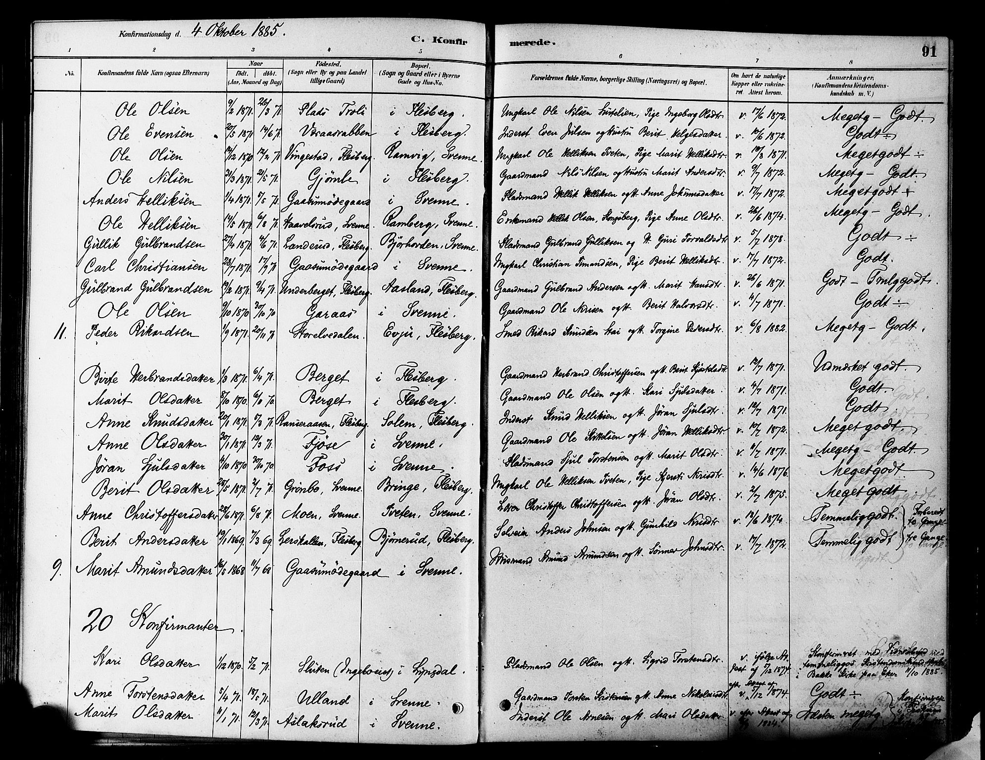 Flesberg kirkebøker, SAKO/A-18/F/Fa/L0008: Parish register (official) no. I 8, 1879-1899, p. 91