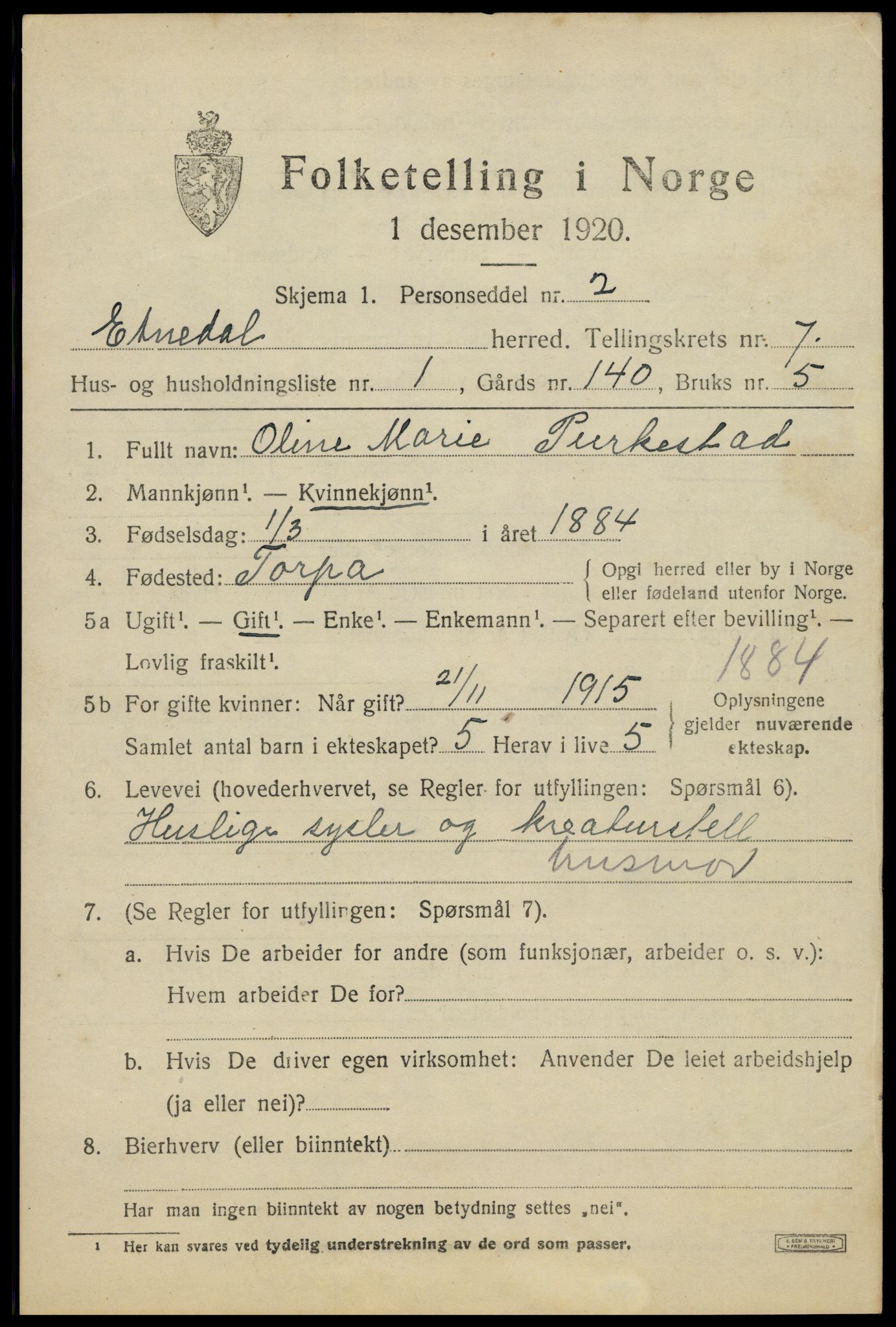 SAH, 1920 census for Etnedal, 1920, p. 2884