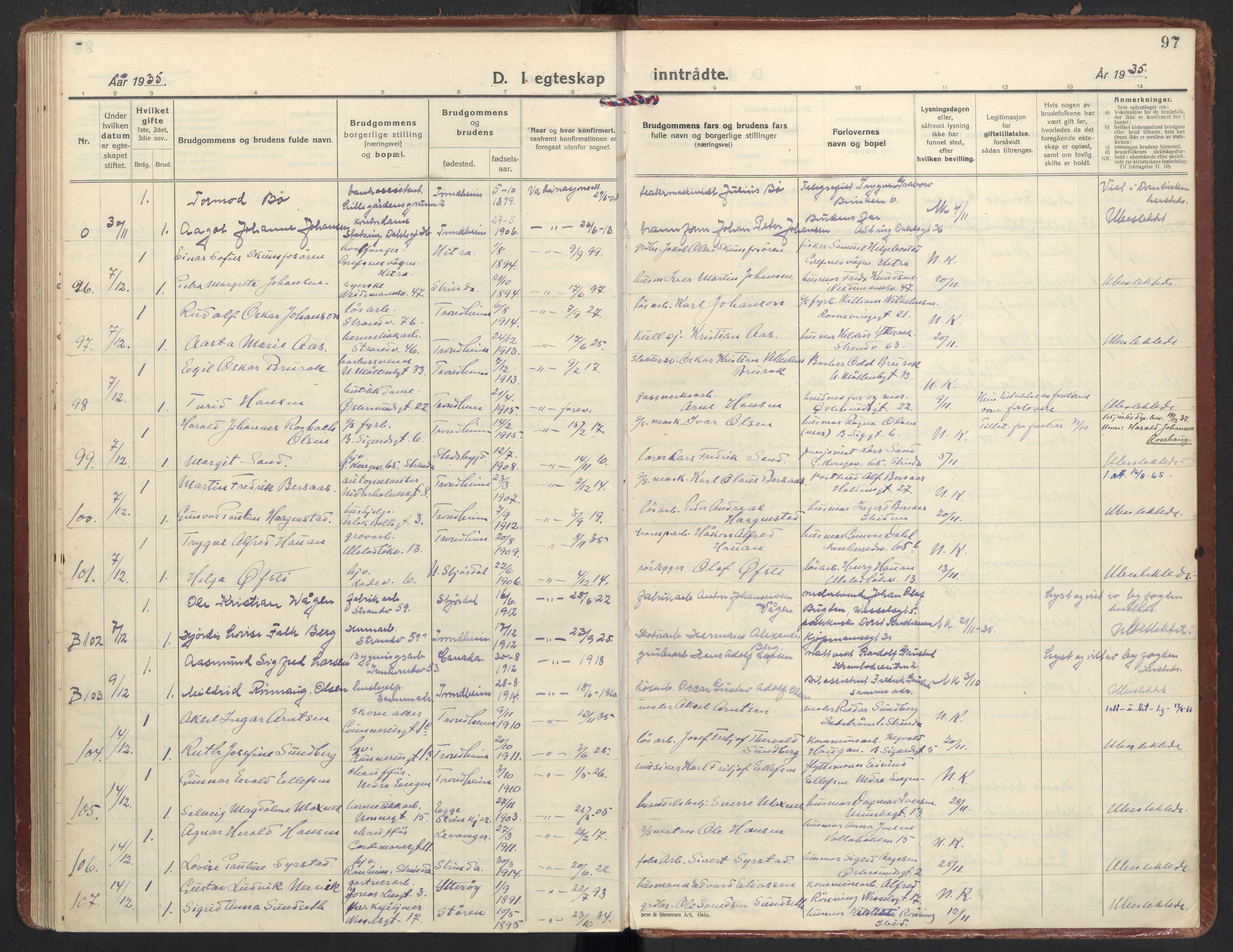 Ministerialprotokoller, klokkerbøker og fødselsregistre - Sør-Trøndelag, AV/SAT-A-1456/605/L0249: Parish register (official) no. 605A11, 1925-1936, p. 97