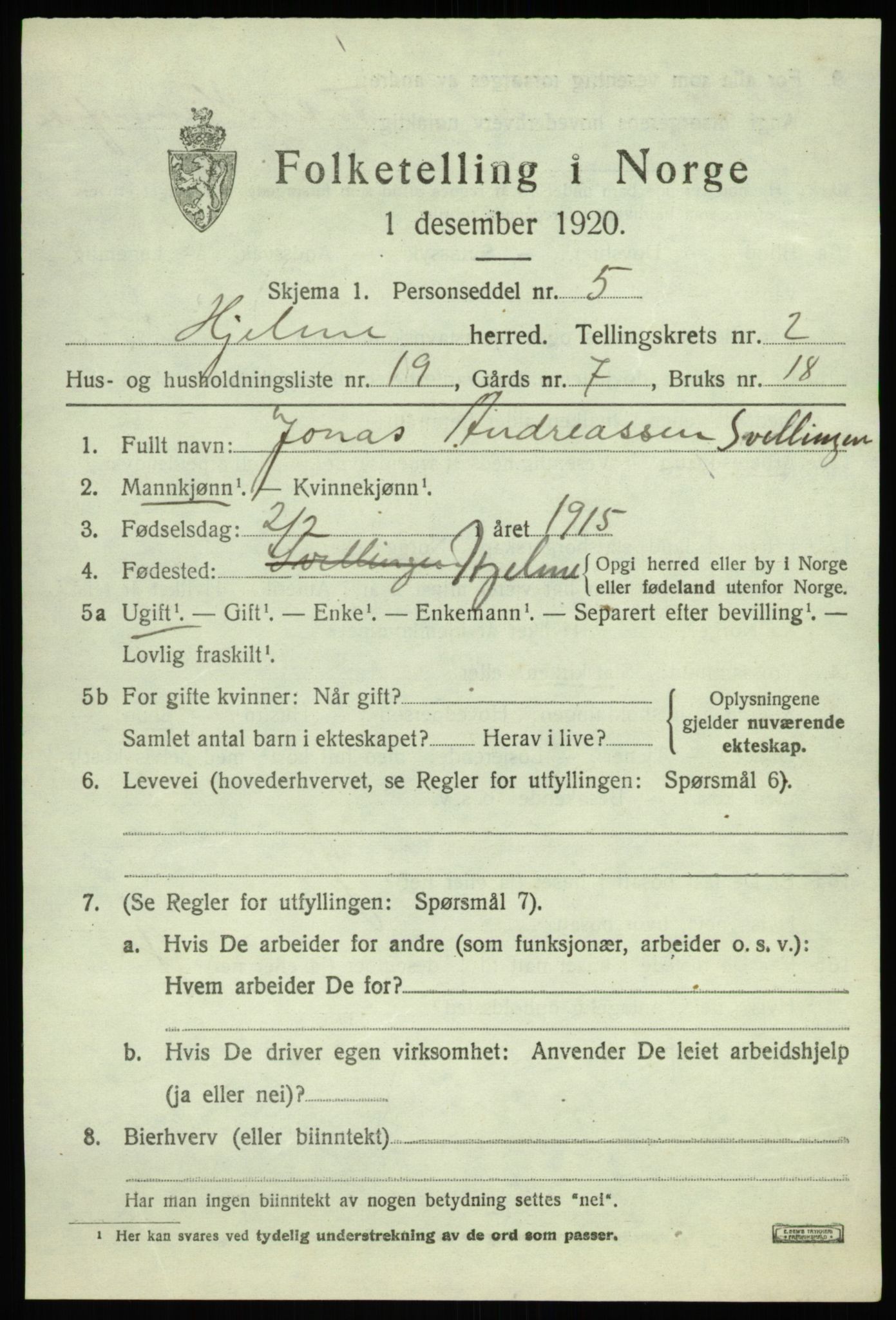 SAB, 1920 census for Hjelme, 1920, p. 1312