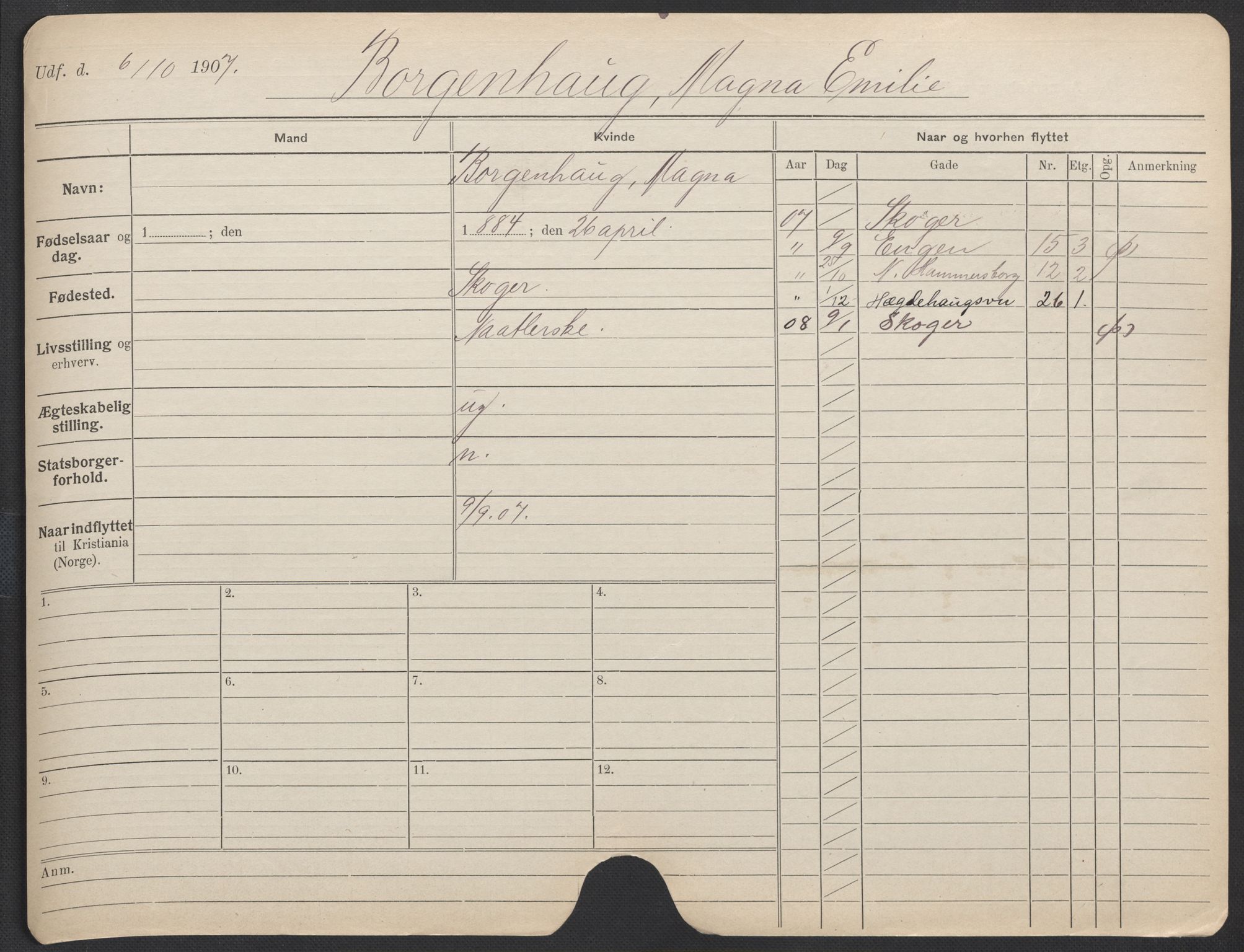 Oslo folkeregister, Registerkort, AV/SAO-A-11715/F/Fa/Fac/L0013: Kvinner, 1906-1914, p. 626a