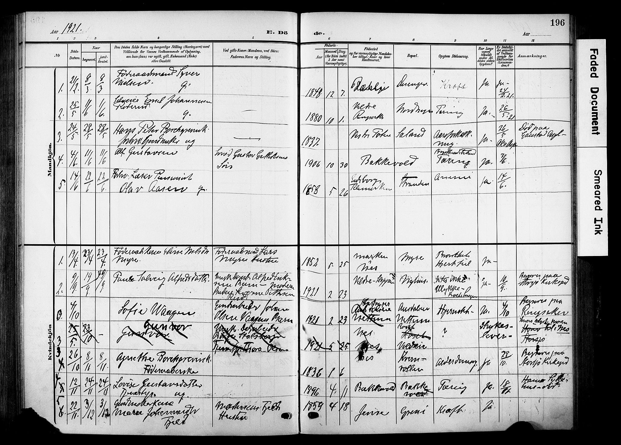 Nes prestekontor, Hedmark, SAH/PREST-020/K/Ka/L0014: Parish register (official) no. 14, 1906-1929, p. 196