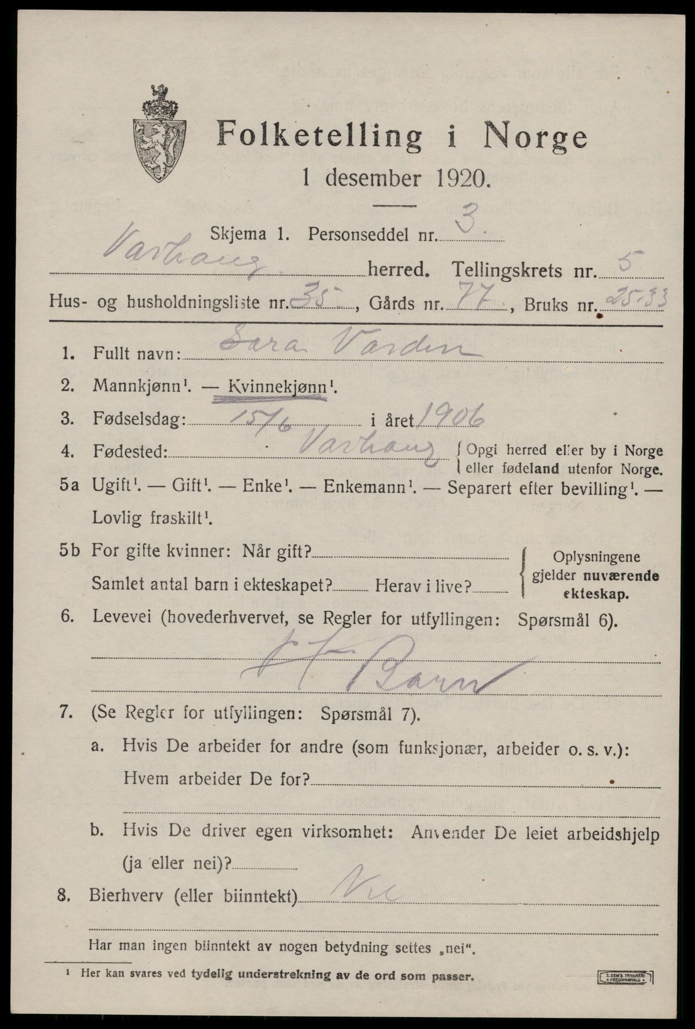 SAST, 1920 census for Varhaug, 1920, p. 4845