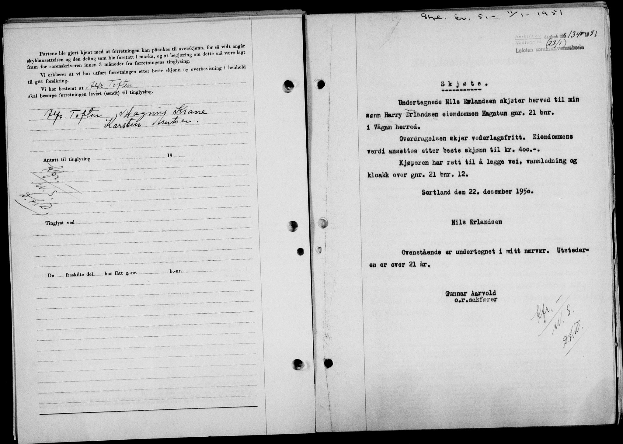 Lofoten sorenskriveri, SAT/A-0017/1/2/2C/L0025a: Mortgage book no. 25a, 1950-1951, Diary no: : 134/1951