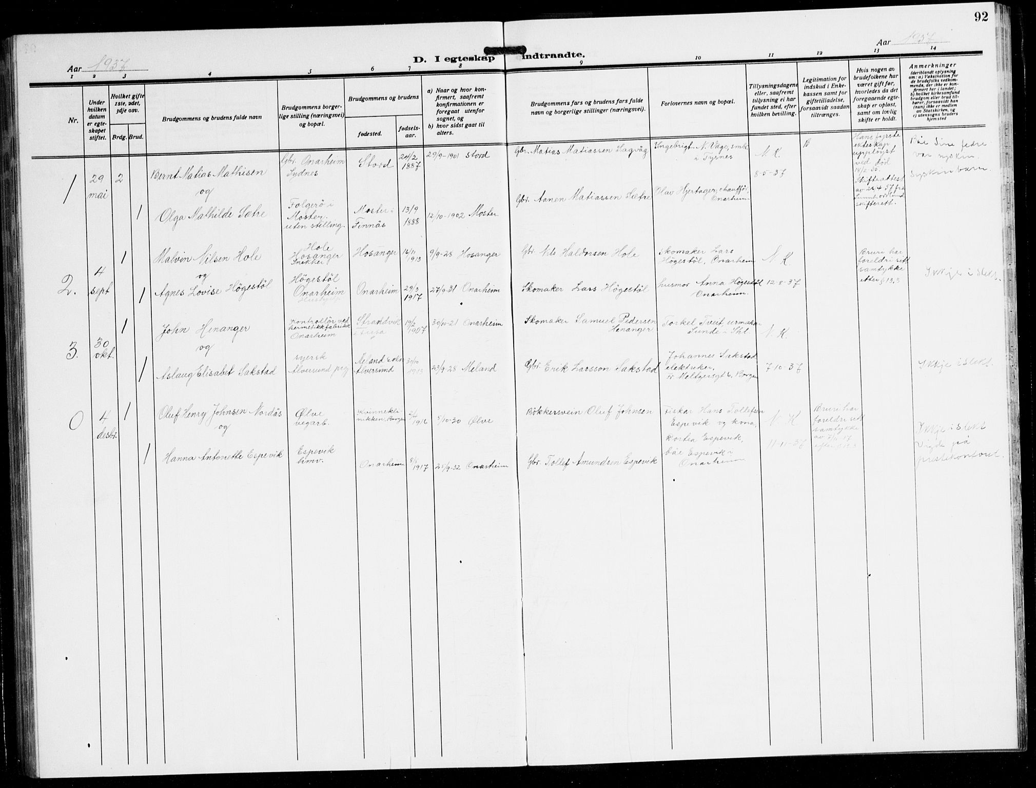 Tysnes sokneprestembete, SAB/A-78601/H/Hab: Parish register (copy) no. C 4, 1925-1945, p. 92