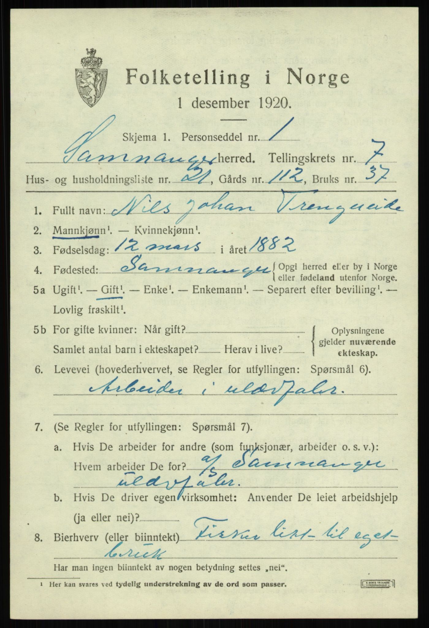 SAB, 1920 census for Samnanger, 1920, p. 3407