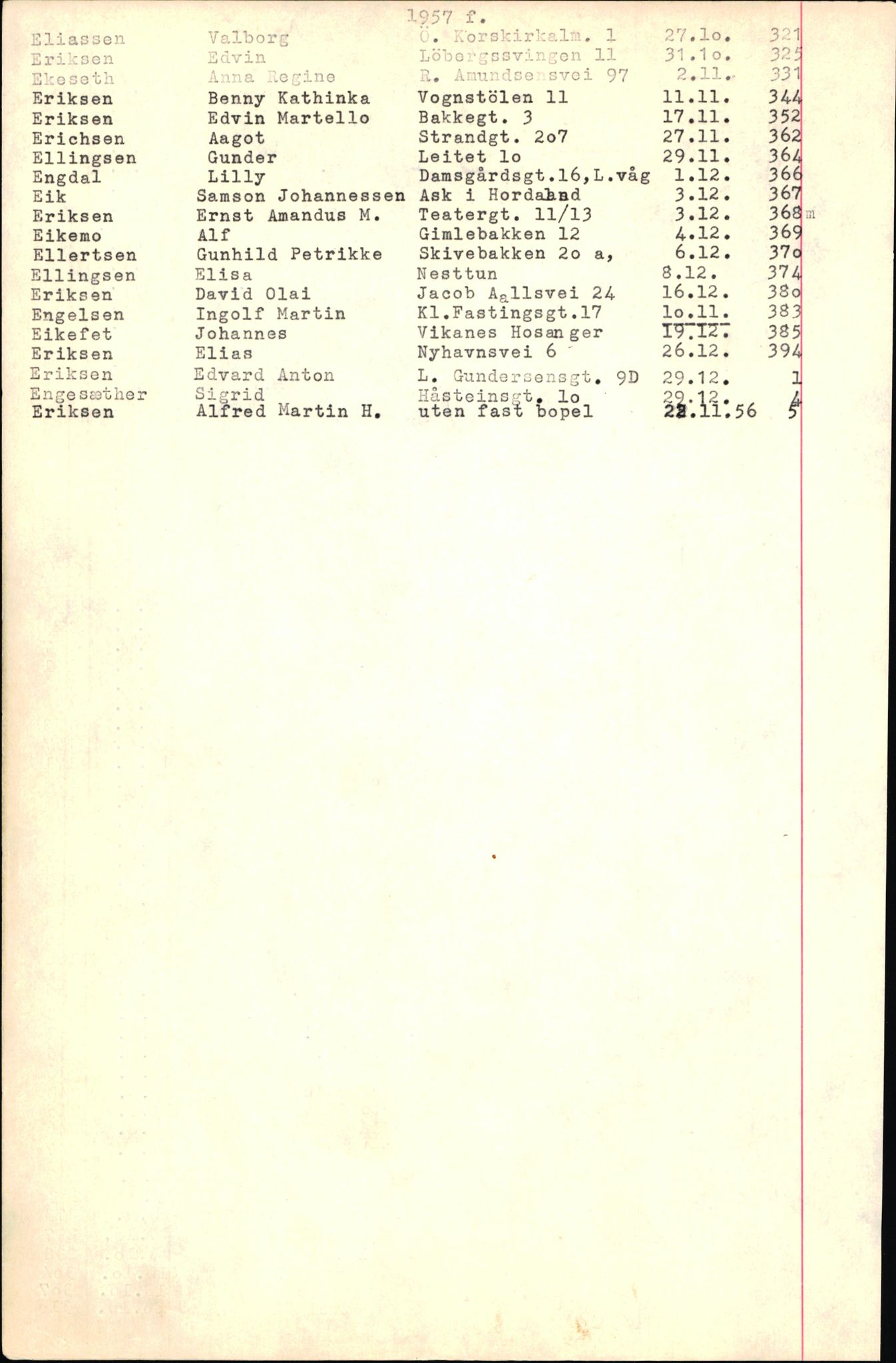 Byfogd og Byskriver i Bergen, SAB/A-3401/06/06Nb/L0007: Register til dødsfalljournaler, 1956-1965, p. 62