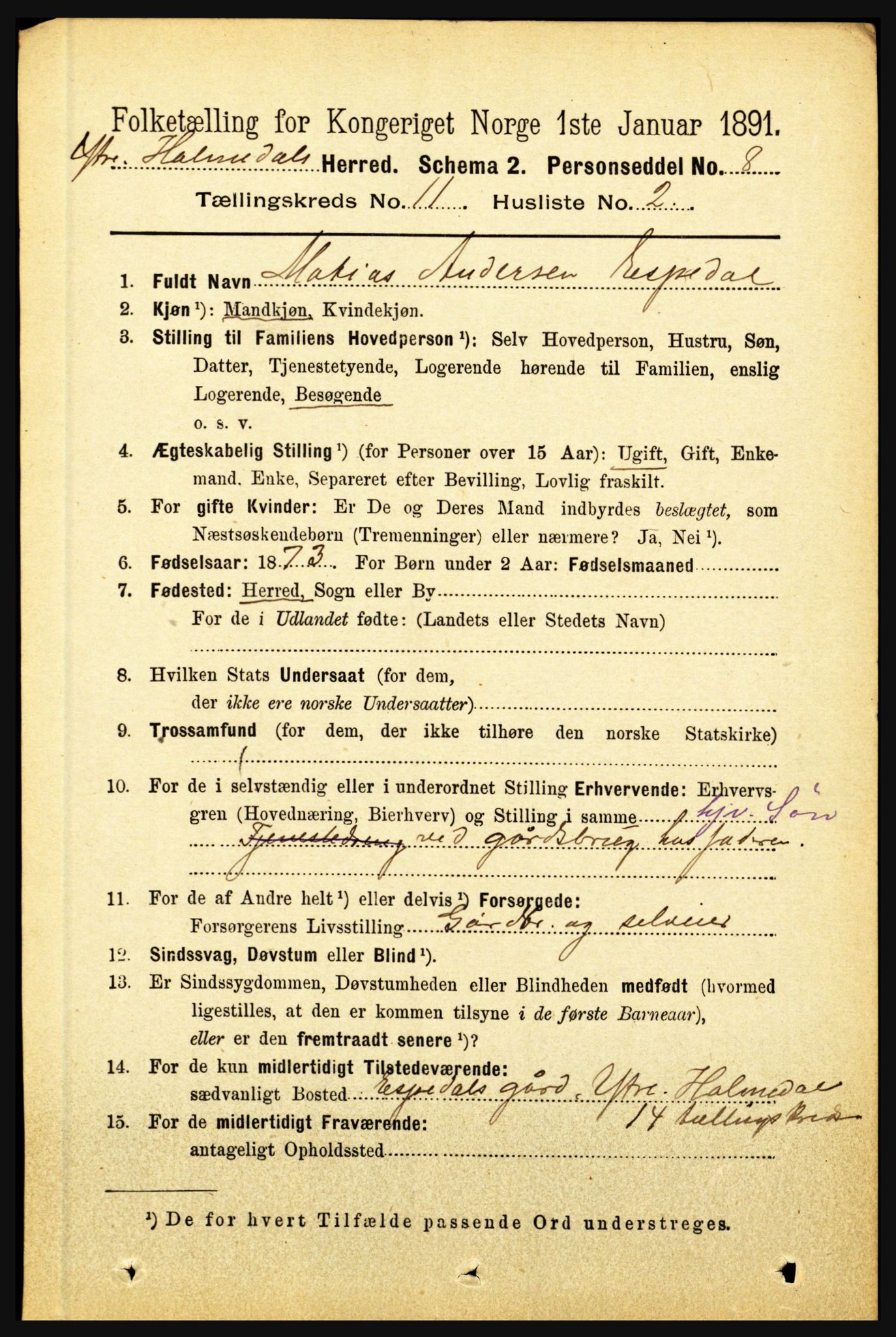 RA, 1891 census for 1429 Ytre Holmedal, 1891, p. 2799