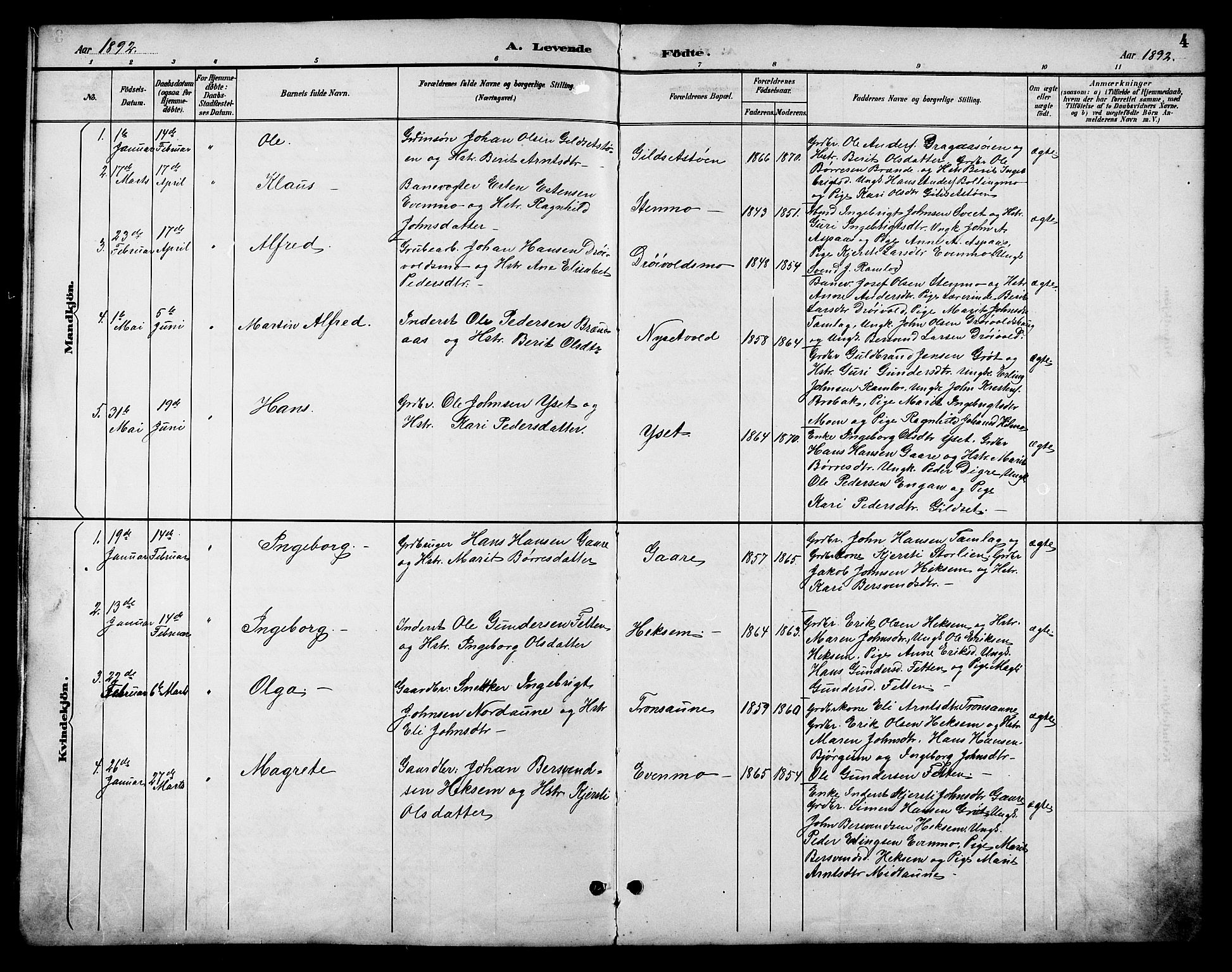 Ministerialprotokoller, klokkerbøker og fødselsregistre - Sør-Trøndelag, AV/SAT-A-1456/685/L0978: Parish register (copy) no. 685C03, 1891-1907, p. 4