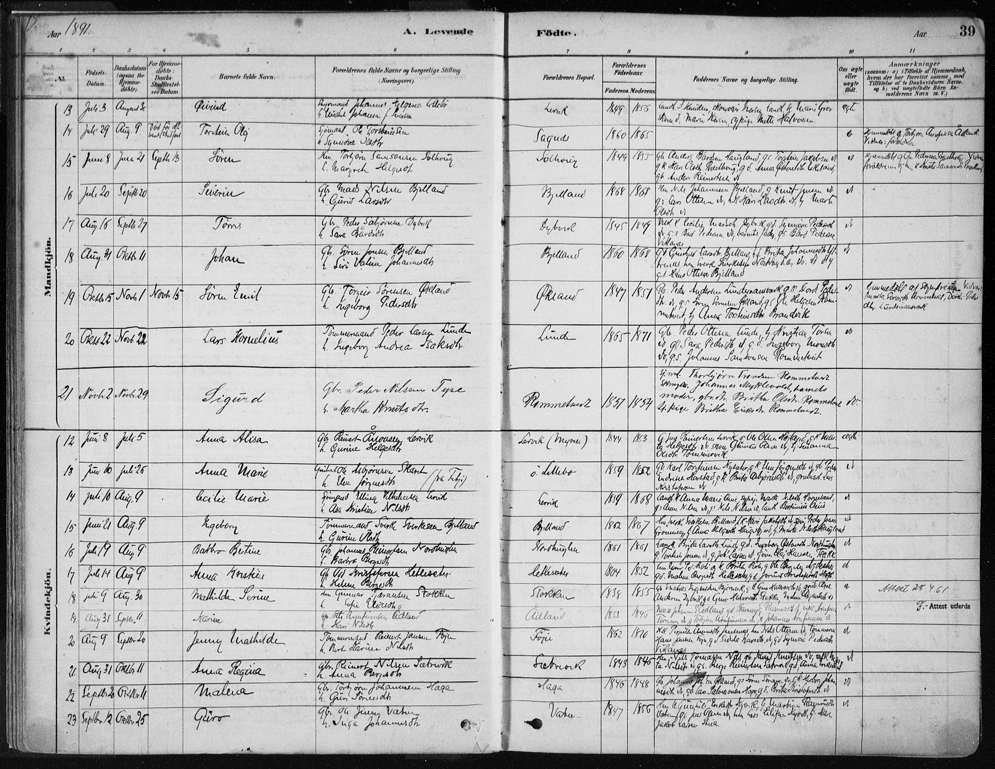 Stord sokneprestembete, AV/SAB-A-78201/H/Haa: Parish register (official) no. B 2, 1878-1913, p. 39