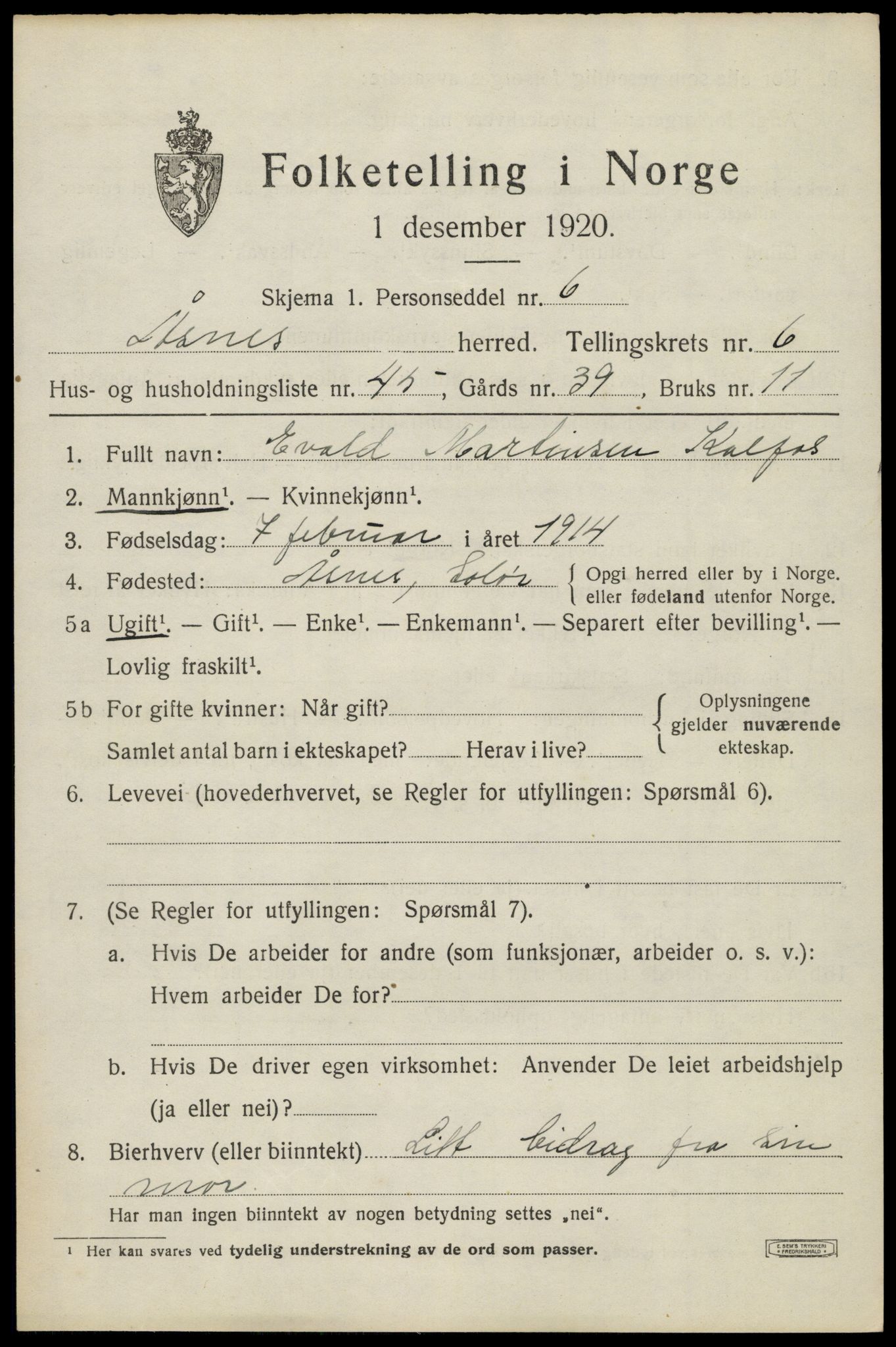 SAH, 1920 census for Åsnes, 1920, p. 8262