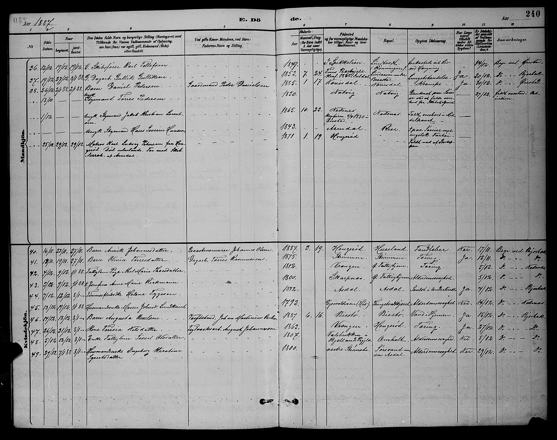 Øyestad sokneprestkontor, AV/SAK-1111-0049/F/Fb/L0009: Parish register (copy) no. B 9, 1886-1896, p. 240