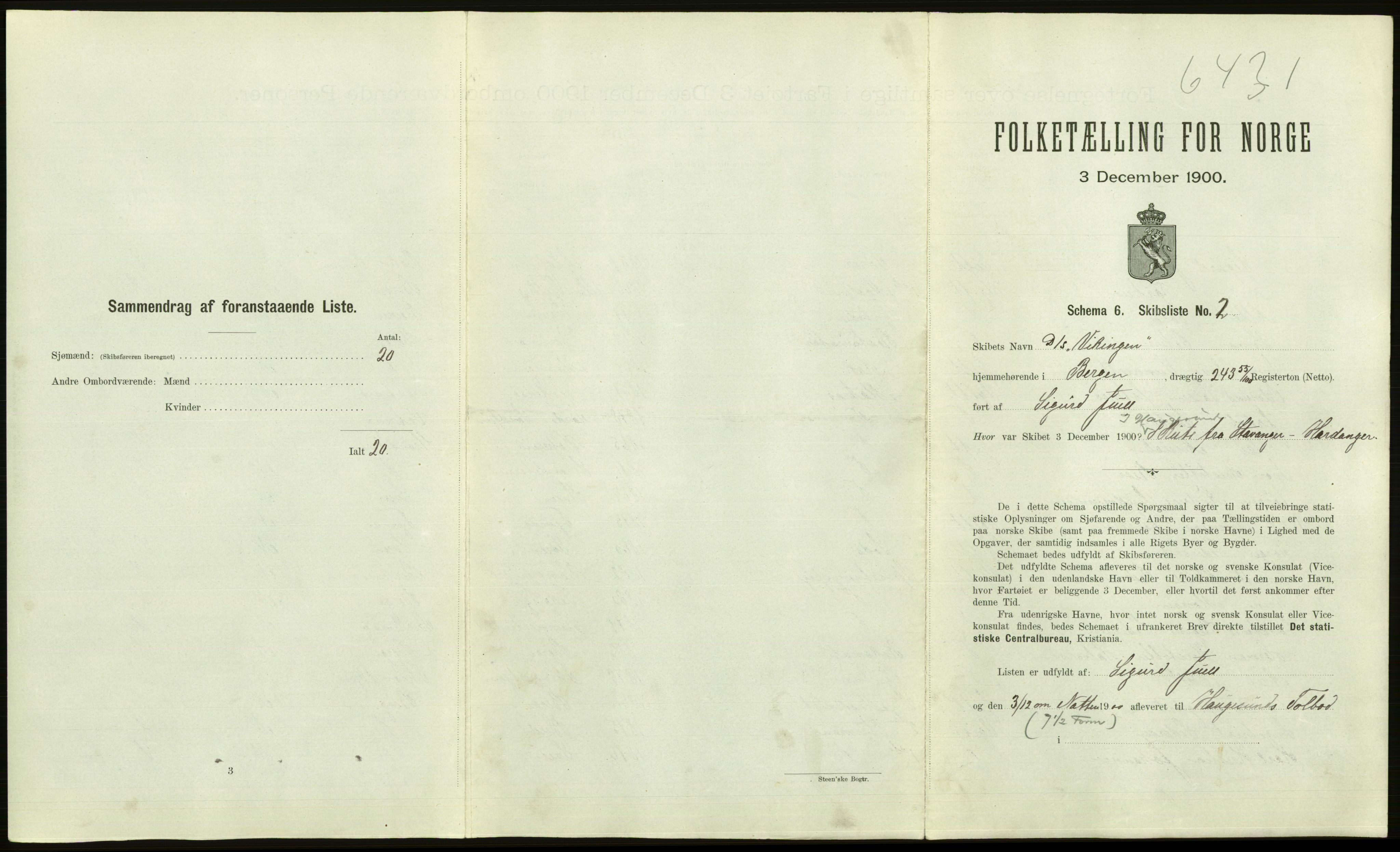 RA, 1900 Census - ship lists from ships in Norwegian harbours, harbours abroad and at sea, 1900, p. 1087