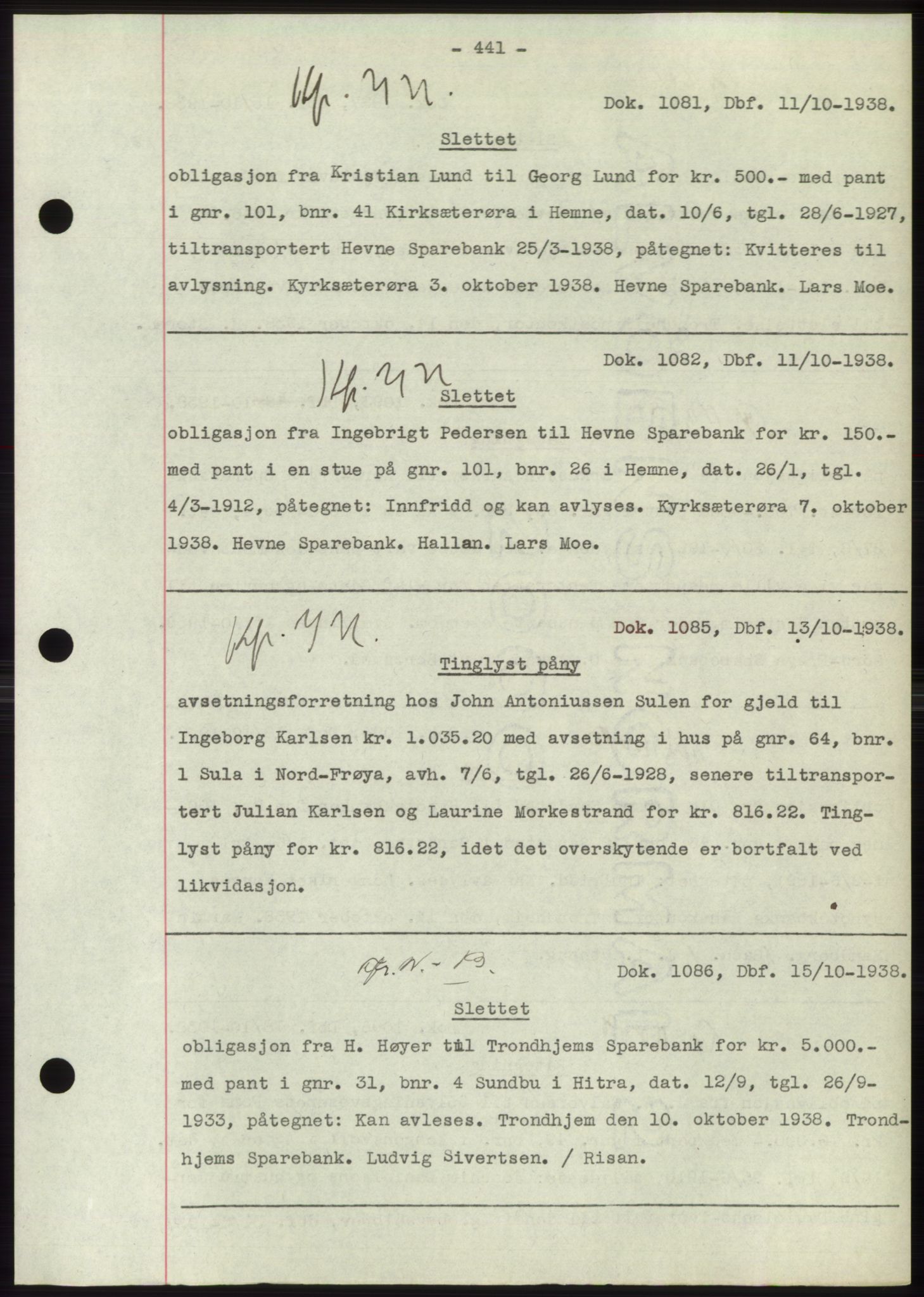 Hitra sorenskriveri, AV/SAT-A-0018/2/2C/2Ca: Mortgage book no. C1, 1936-1945, Diary no: : 1081/1938