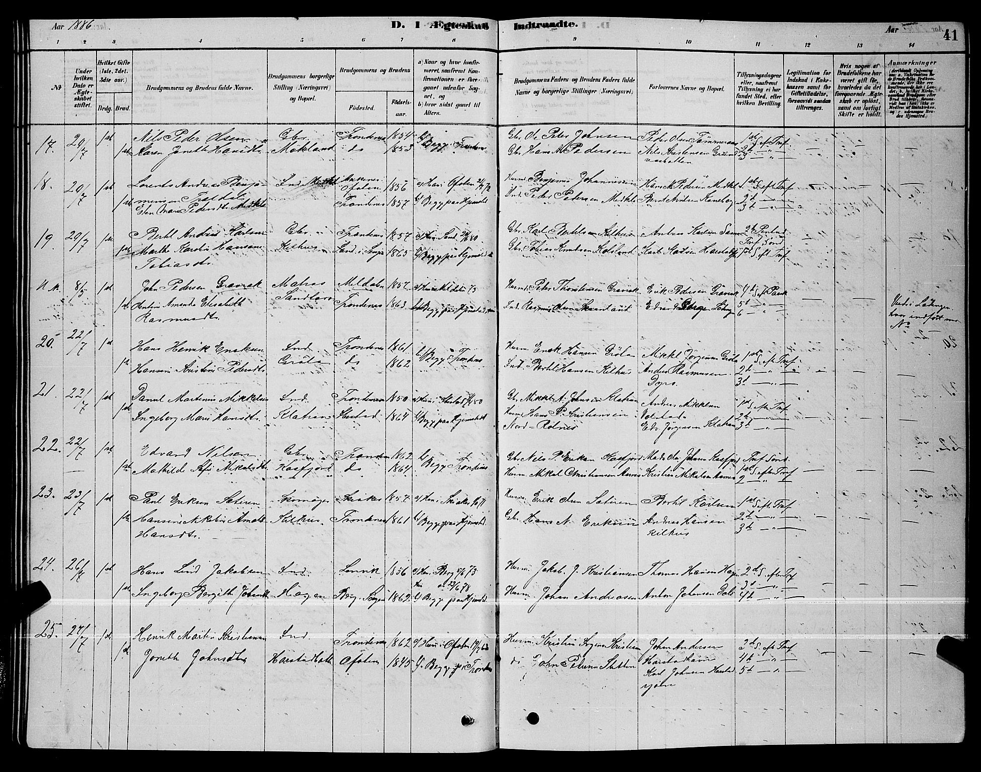 Trondenes sokneprestkontor, SATØ/S-1319/H/Hb/L0010klokker: Parish register (copy) no. 10, 1878-1890, p. 41
